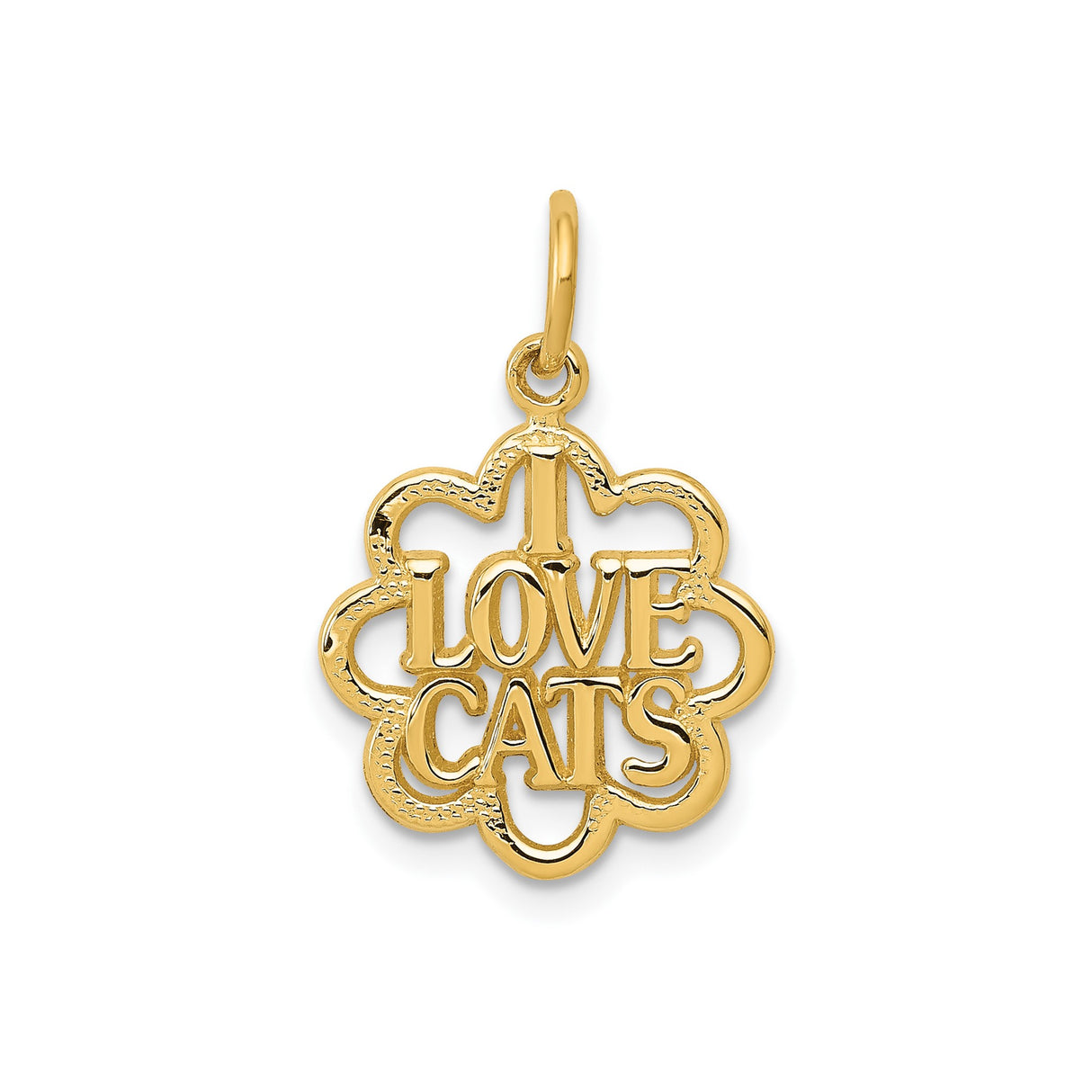 14k Yellow Gold Pendant, I Love Cats Floral Outline with Cutout Lettering, Cat Charm for Women
