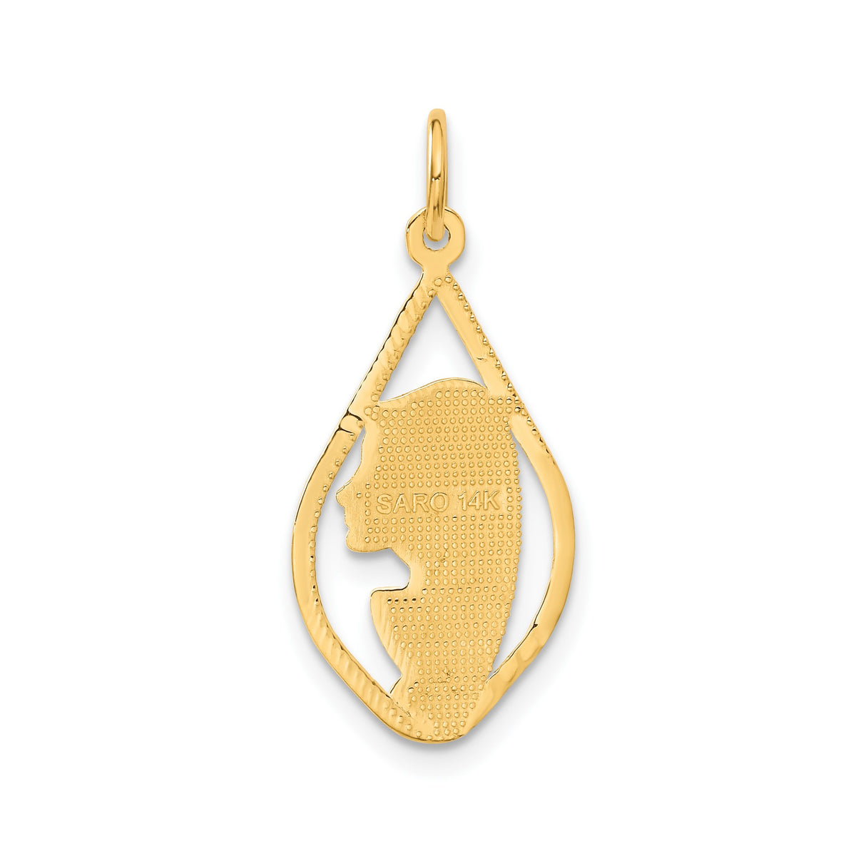 14k Yellow Gold Virgin Mary Pendant, Teardrop Frame Religious Charm