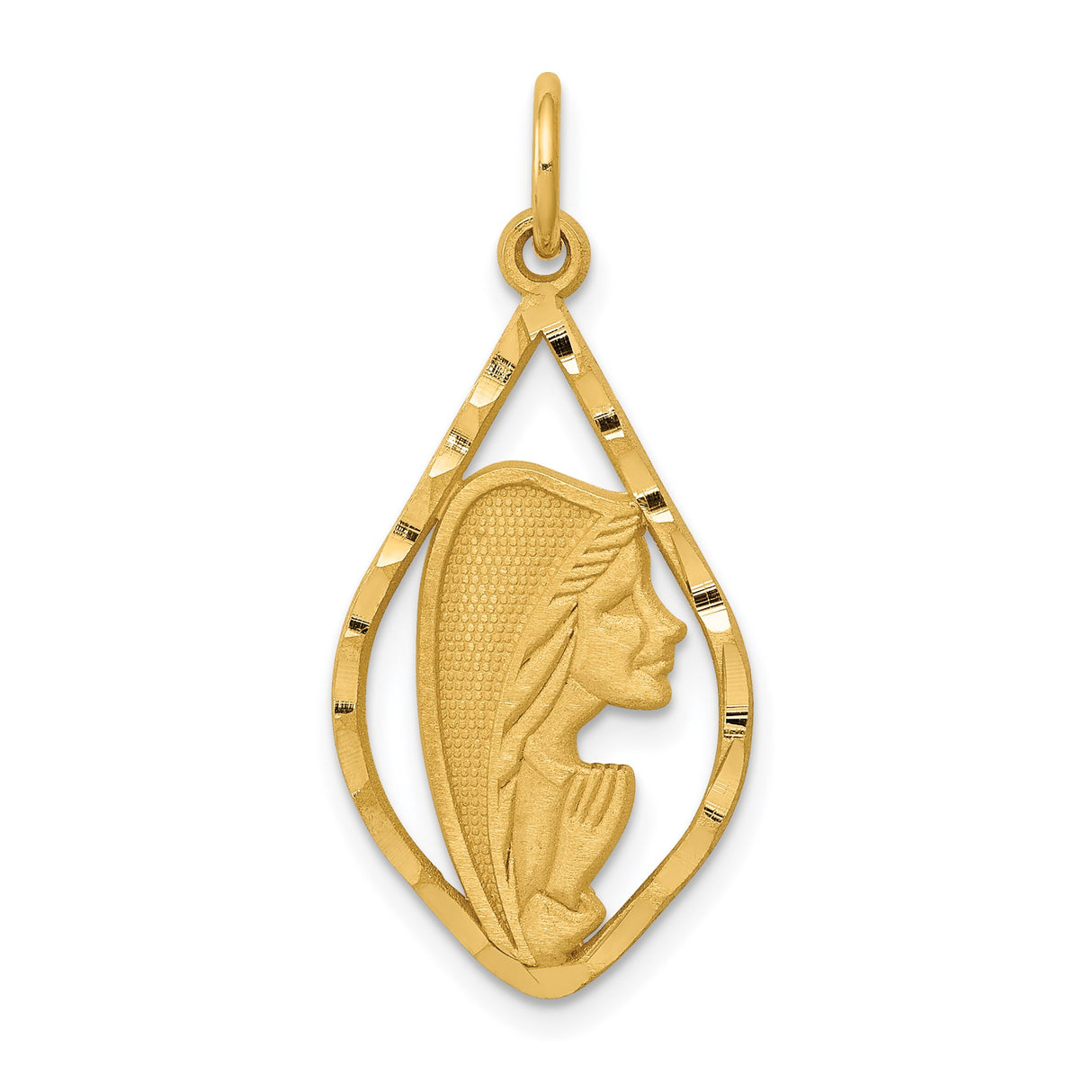 14k Yellow Gold Virgin Mary Pendant, Teardrop Frame Religious Charm