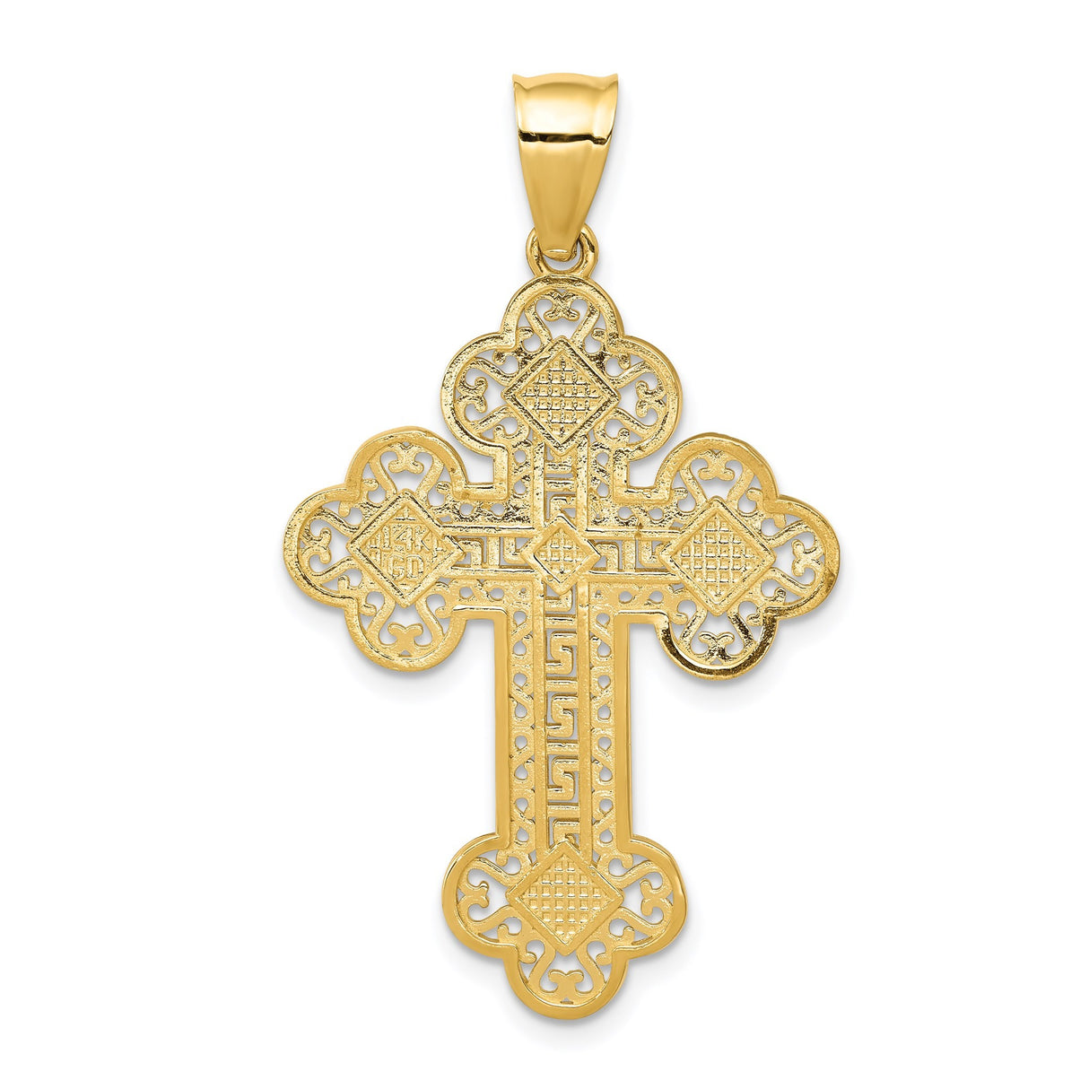 14k Yellow Gold Cross Pendant with Fleur De Lis and Greek Key Filigree Design