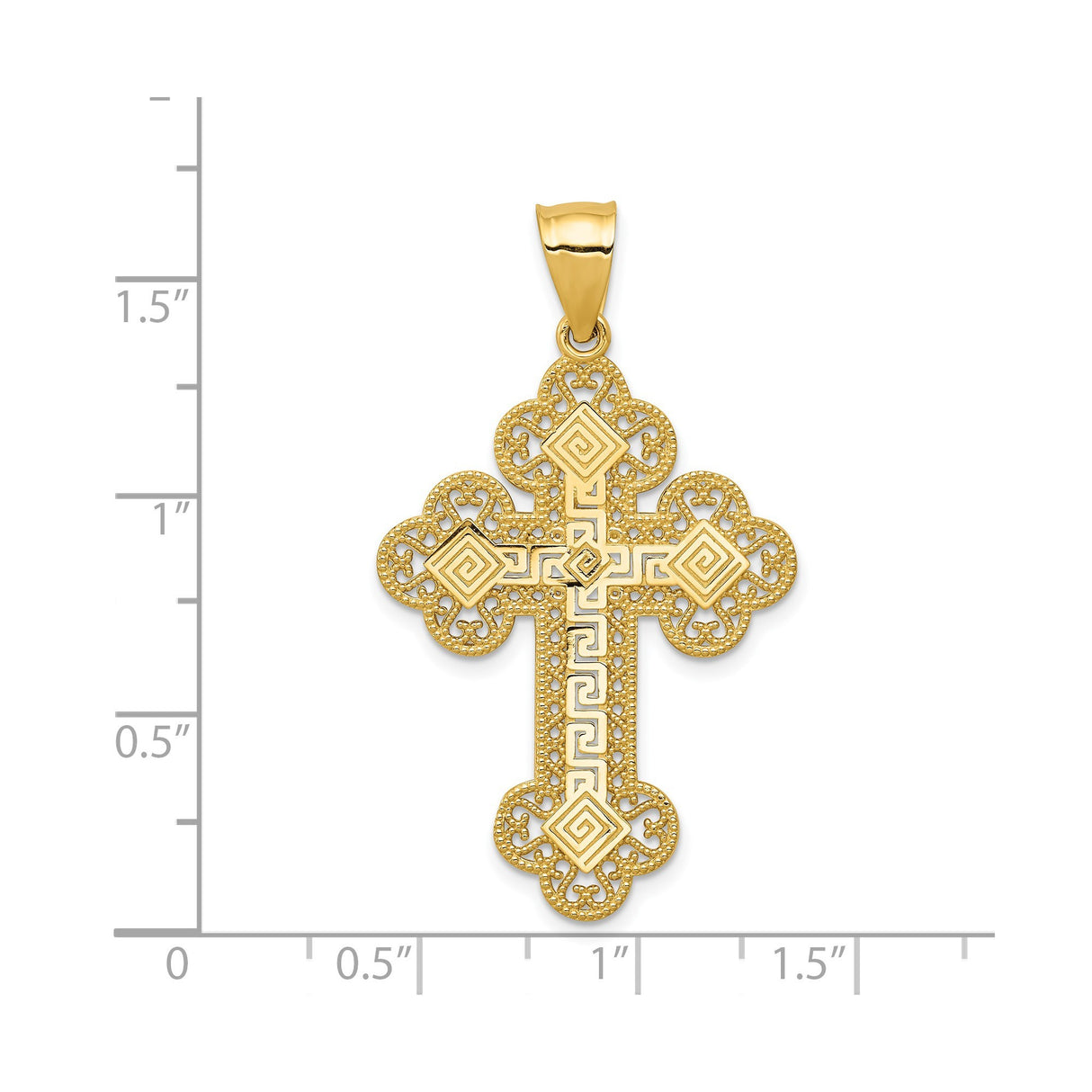 14k Yellow Gold Cross Pendant with Fleur De Lis and Greek Key Filigree Design