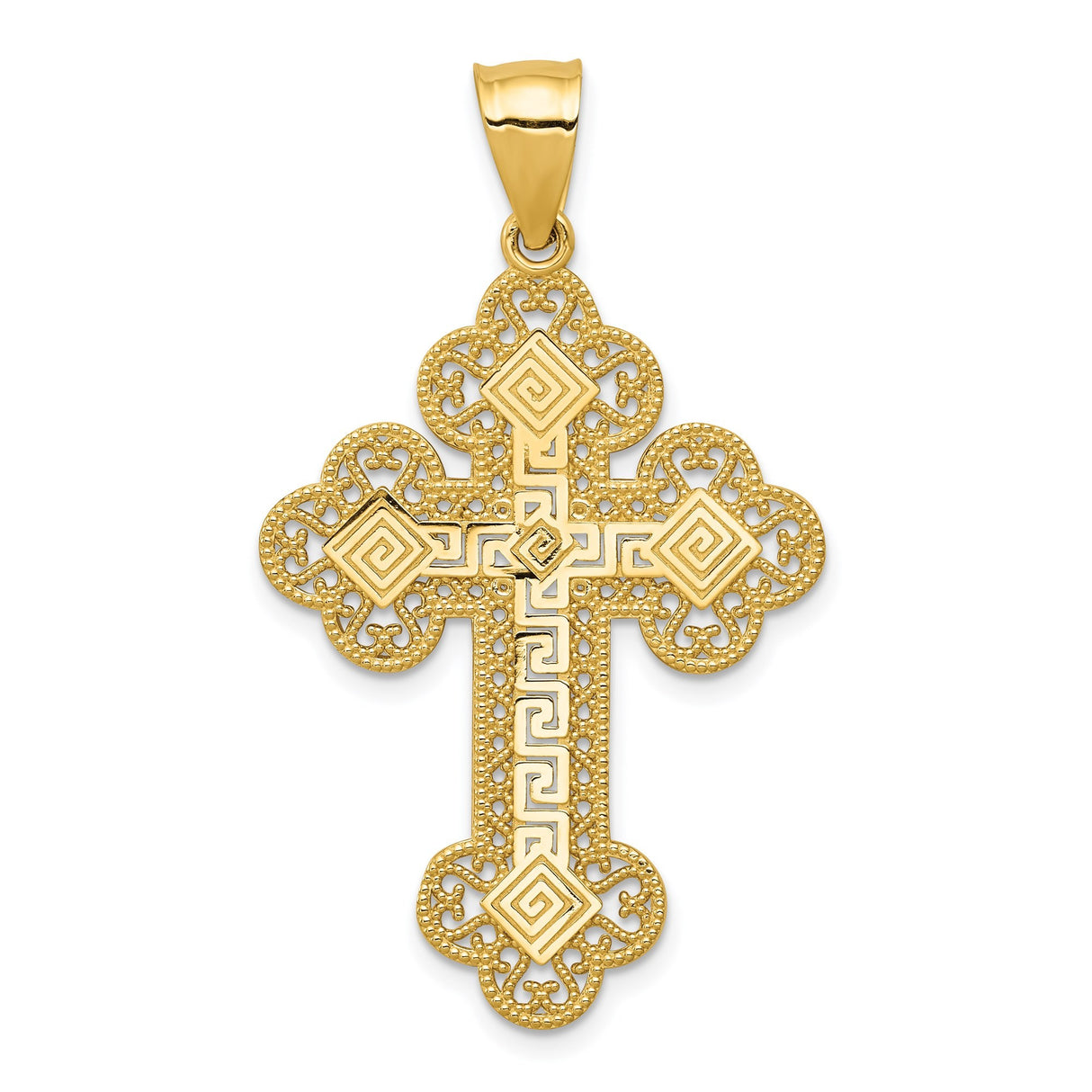 14k Yellow Gold Cross Pendant with Fleur De Lis and Greek Key Filigree Design