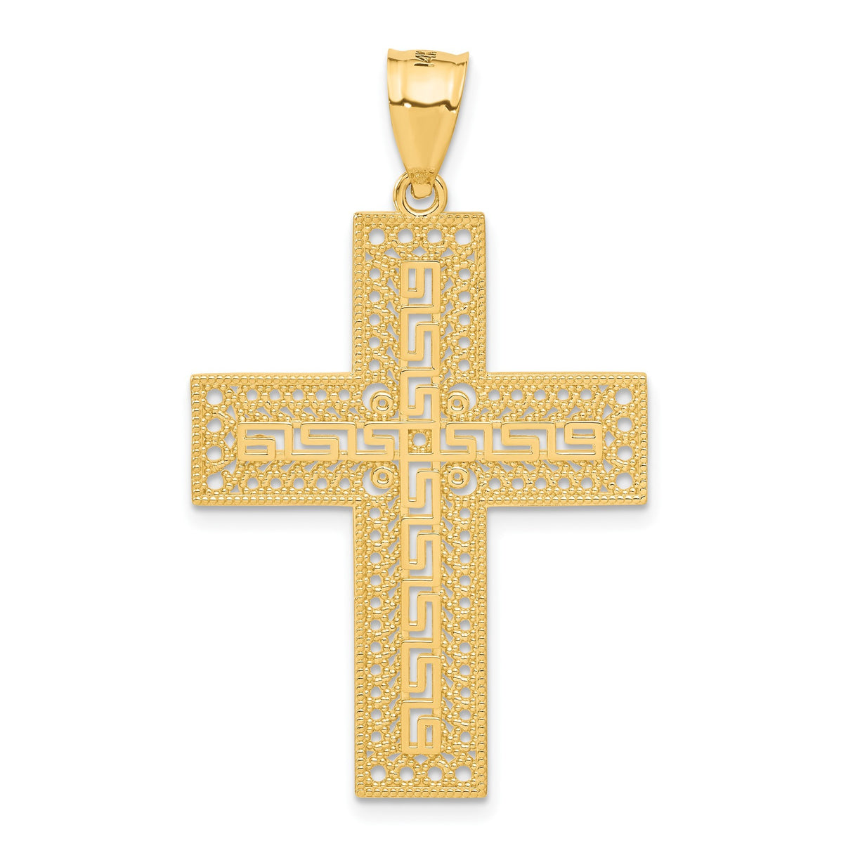 14k Yellow Gold Cross Pendant with Filigree and Diamond-Cut Details for Men and Women