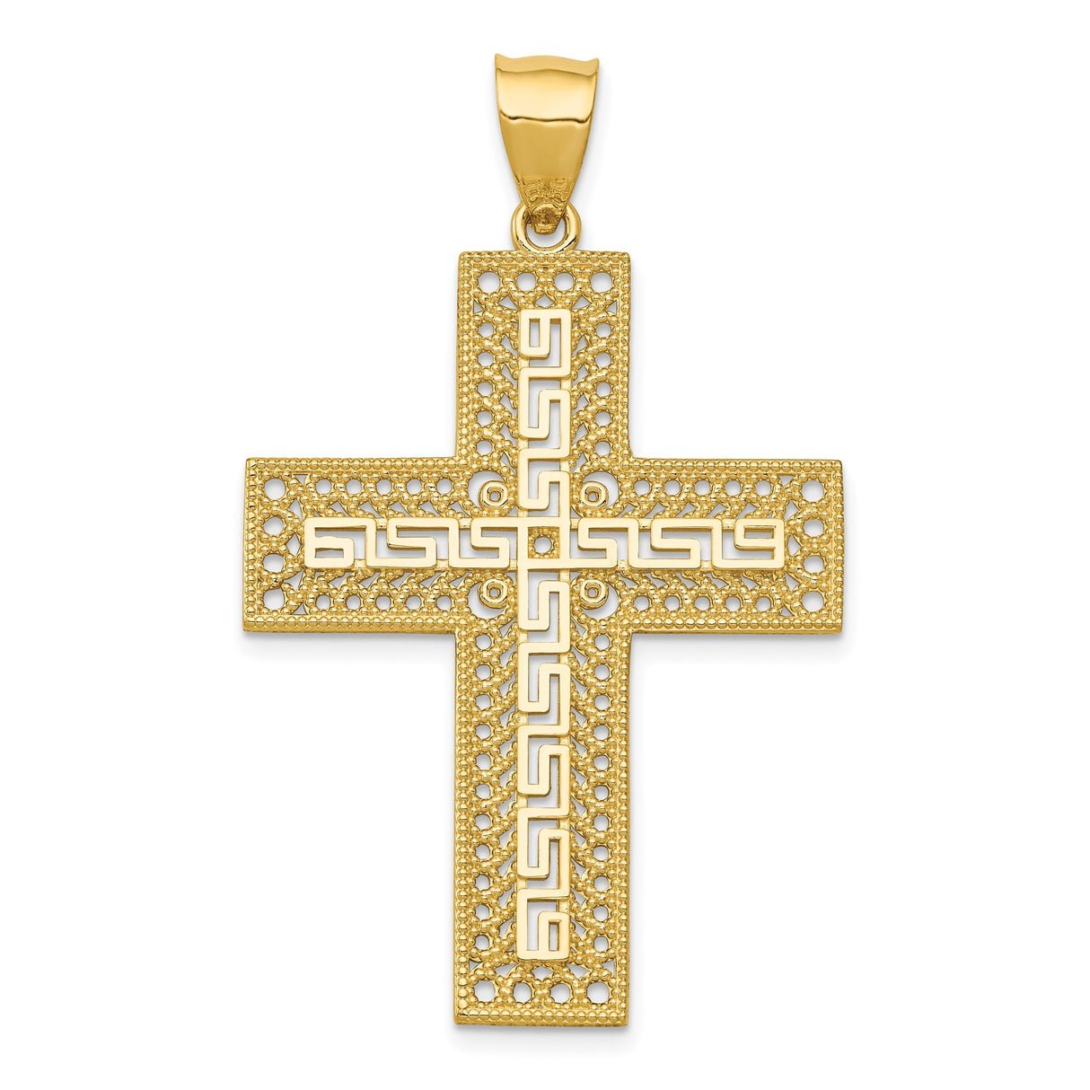 14k Yellow Gold Cross Pendant with Filigree and Diamond-Cut Details for Men and Women