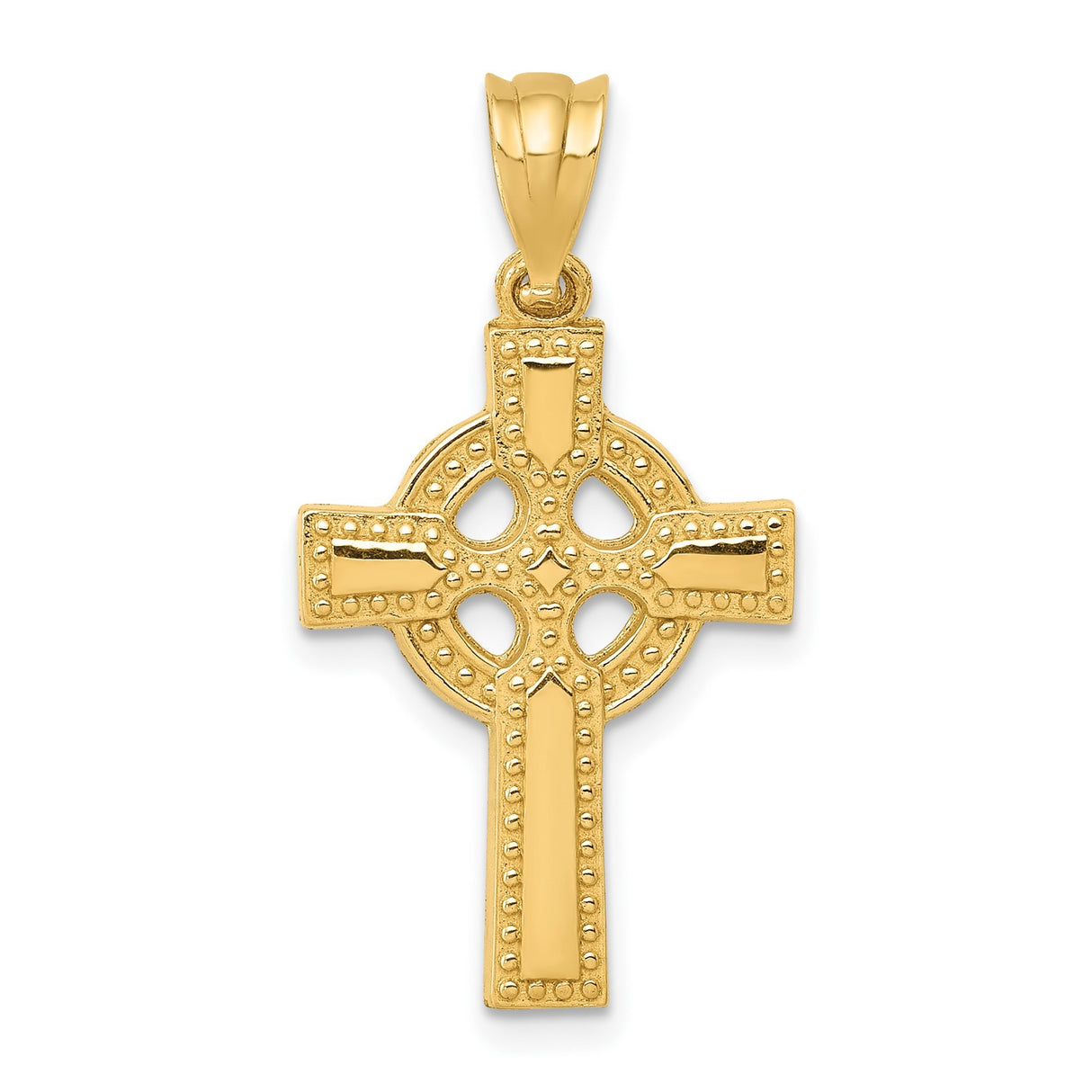 14k Yellow Gold Celtic Cross Pendant with Beaded Edge Detail, Religious Charm for Men and Women
