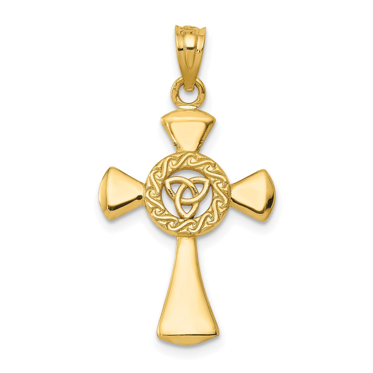 14k Yellow Gold Celtic Cross Pendant with Triquetra Symbol, Flared Religious Design