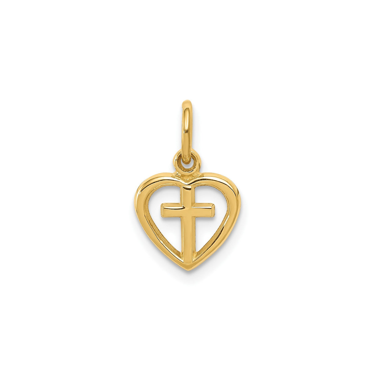 14k Yellow Gold Pendant, Cross Inside Open Heart, Polished Religious Symbol for Men and Women