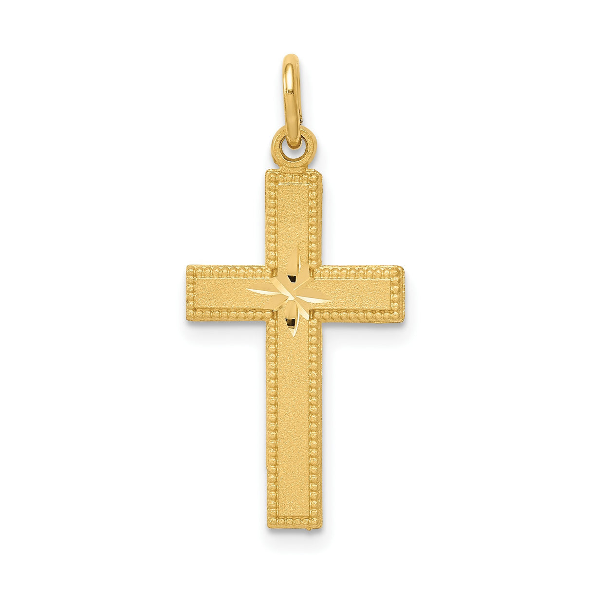 14k Yellow Gold Latin Cross Pendant with Etched Starburst Design and Beaded Edge