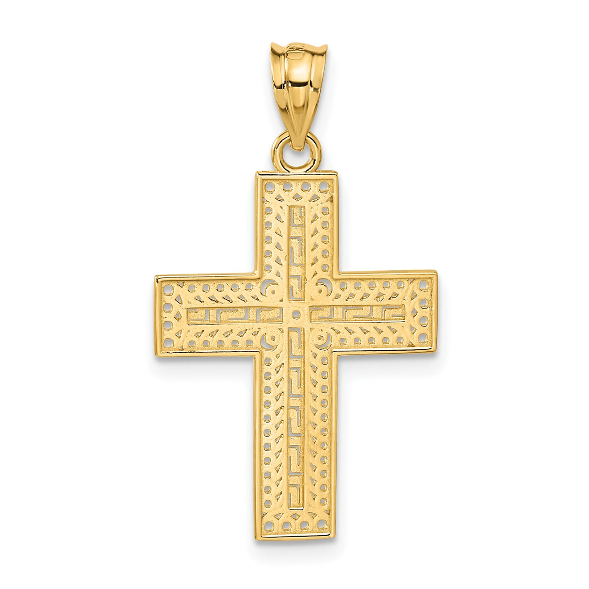 14k Yellow Gold Filigree Latin Cross Pendant with Greek Key and Beaded Detailing