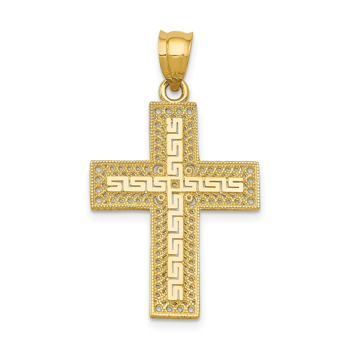 14k Yellow Gold Filigree Latin Cross Pendant with Greek Key and Beaded Detailing