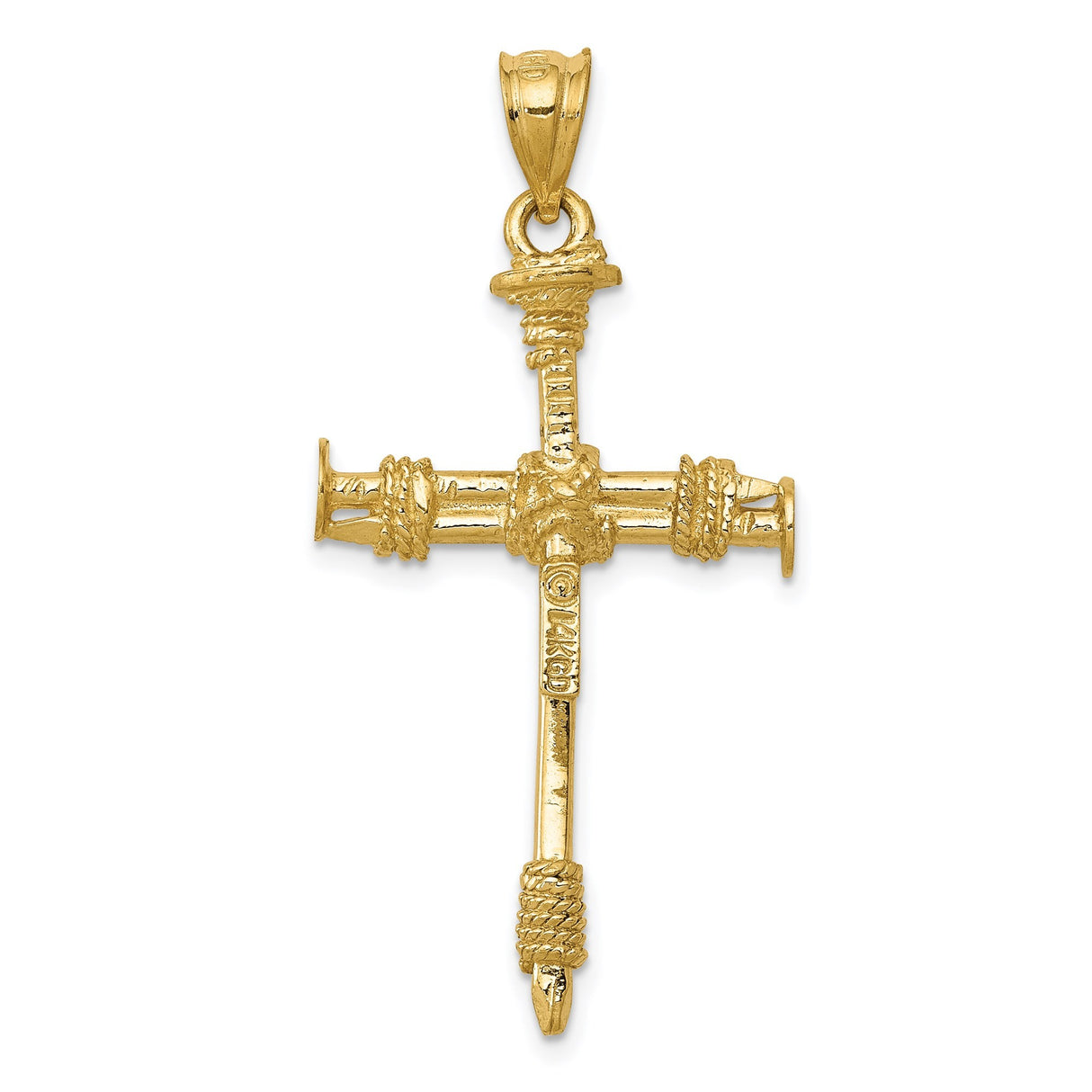 14k Yellow Gold Cross Pendant with Nail and Rope Twisted Design, Unisex Religious Jewelry