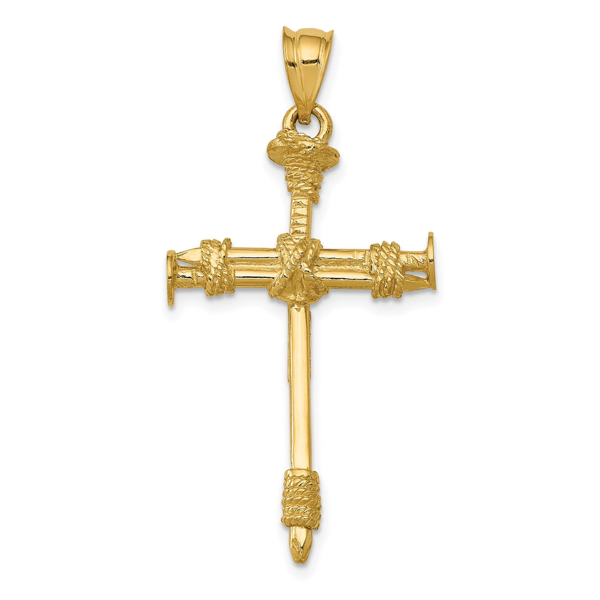 14k Yellow Gold Cross Pendant with Nail and Rope Twisted Design, Unisex Religious Jewelry