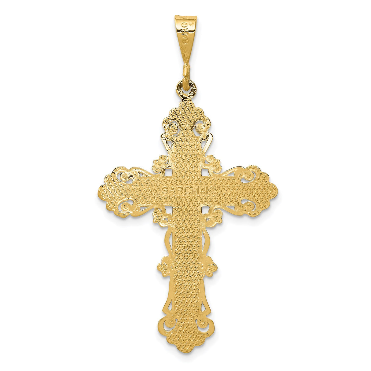 14k Yellow Gold Cross Pendant with Textured Fleur and Ornate Filigree Design