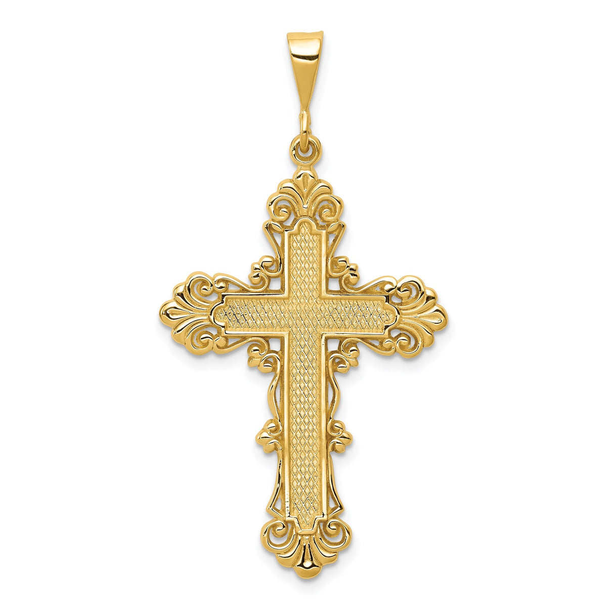 14k Yellow Gold Cross Pendant with Textured Fleur and Ornate Filigree Design