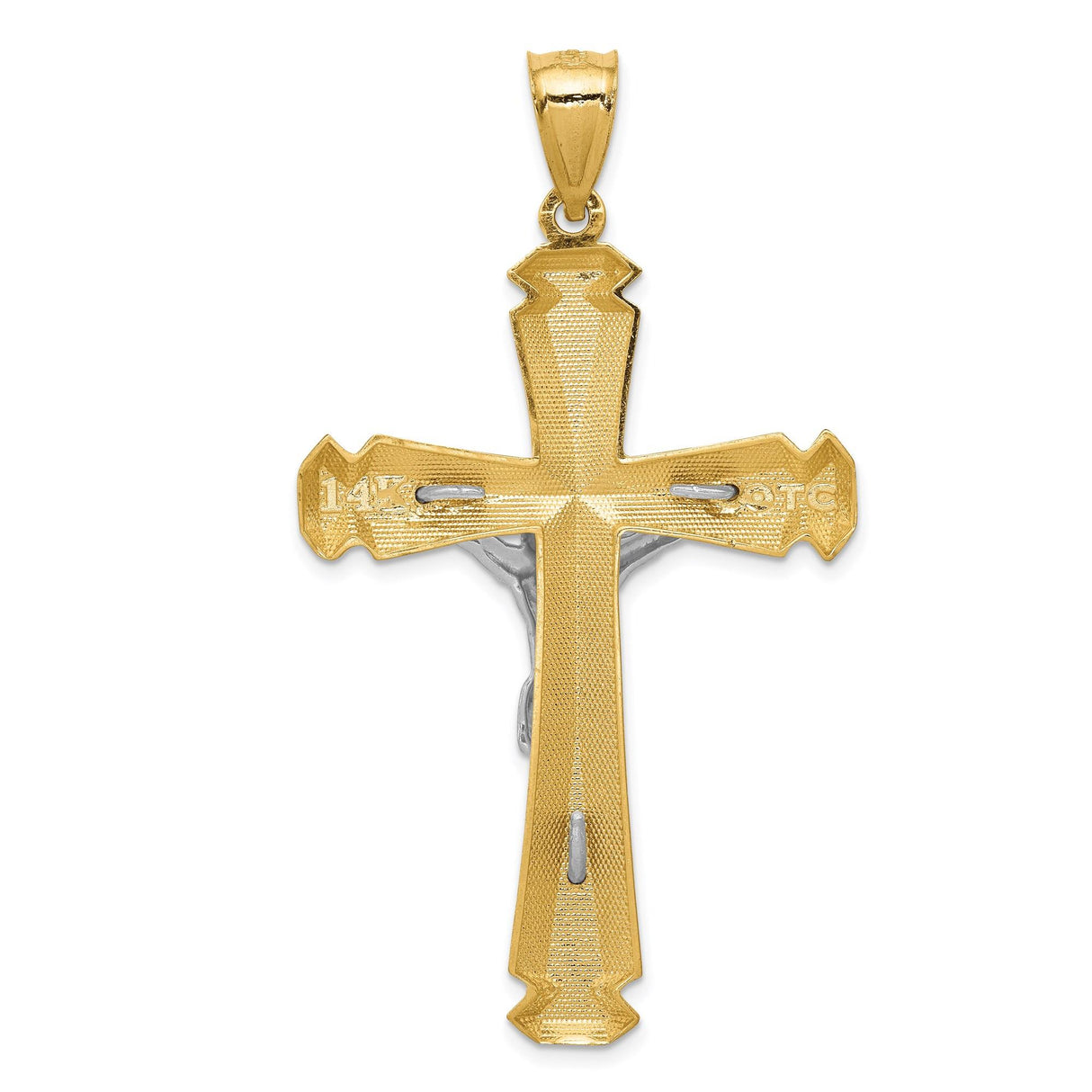 14k Two-Tone Gold Crucifix Cross Pendant with Beveled Edges and Polished Finish