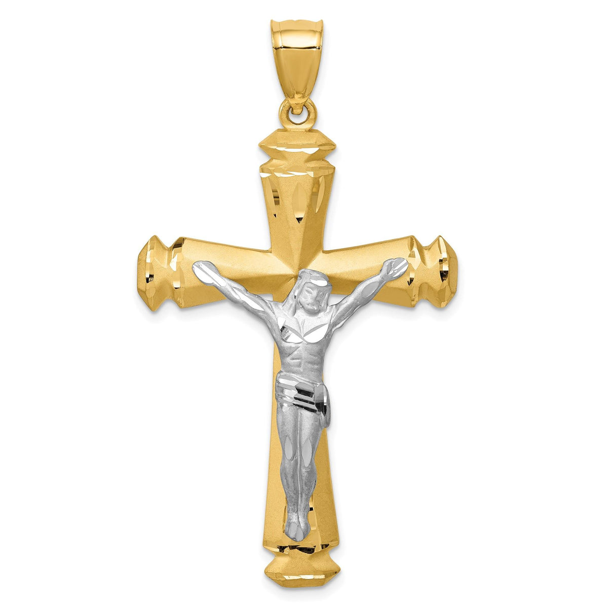 14k Two-Tone Gold Crucifix Cross Pendant with Beveled Edges and Polished Finish