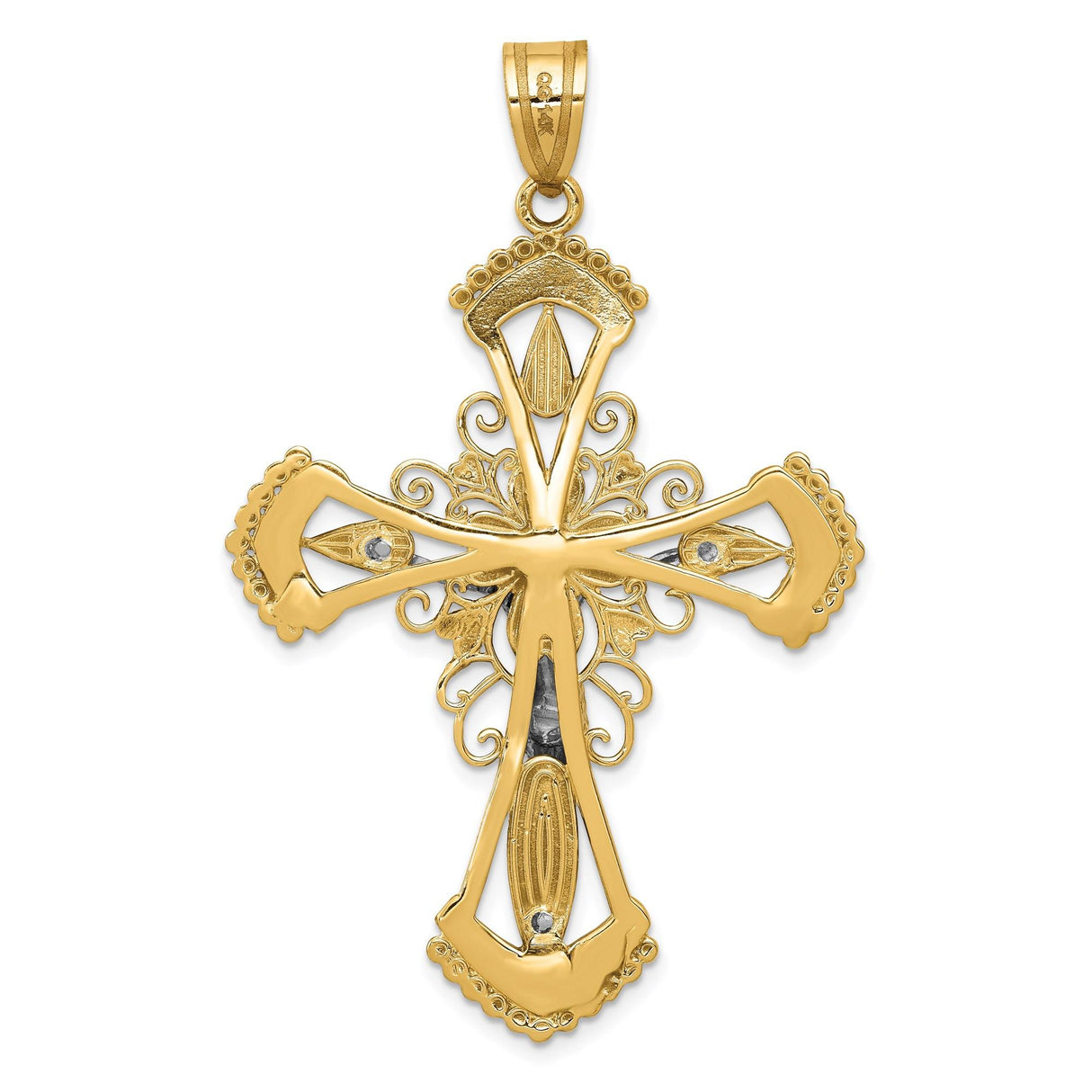 14k Multi-Tone Gold Crucifix Pendant with Filigree Detail, Jesus Cross Charm