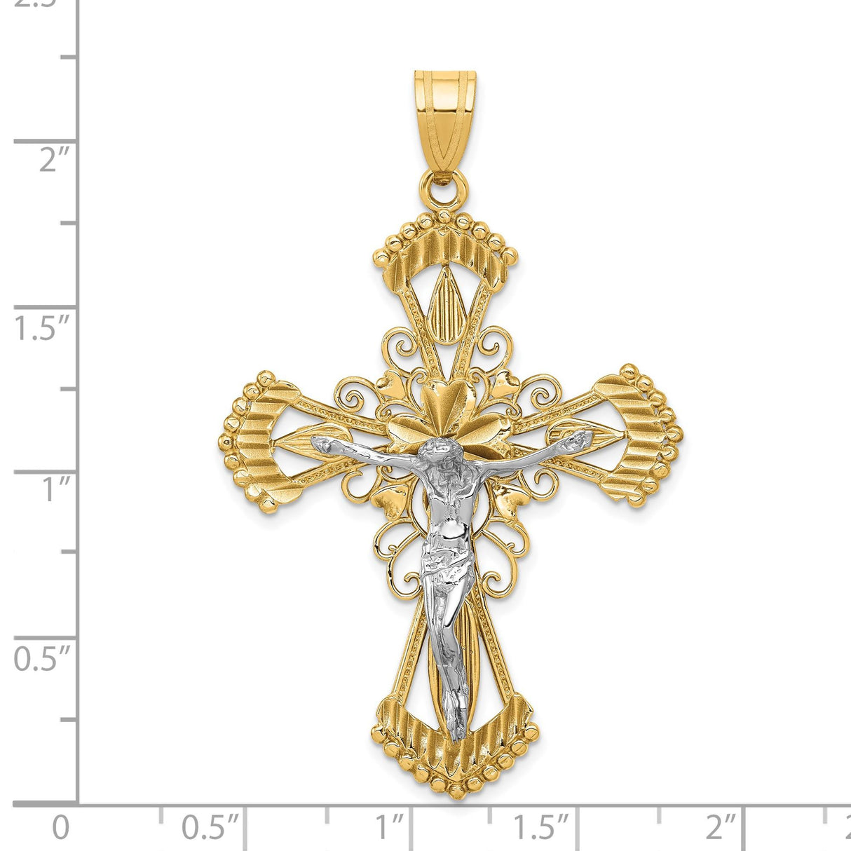 14k Multi-Tone Gold Crucifix Pendant with Filigree Detail, Jesus Cross Charm