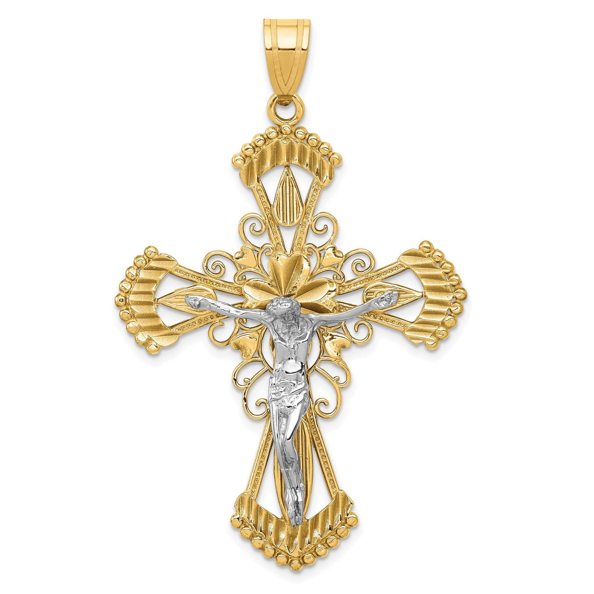 14k Multi-Tone Gold Crucifix Pendant with Filigree Detail, Jesus Cross Charm