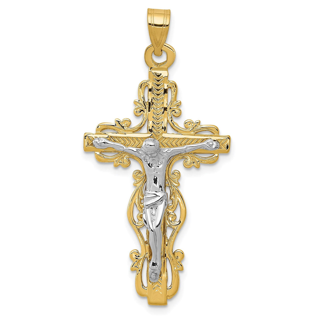 14k Two-Tone Gold Crucifix Cross Pendant with Ornate Latin Design for Men and Women