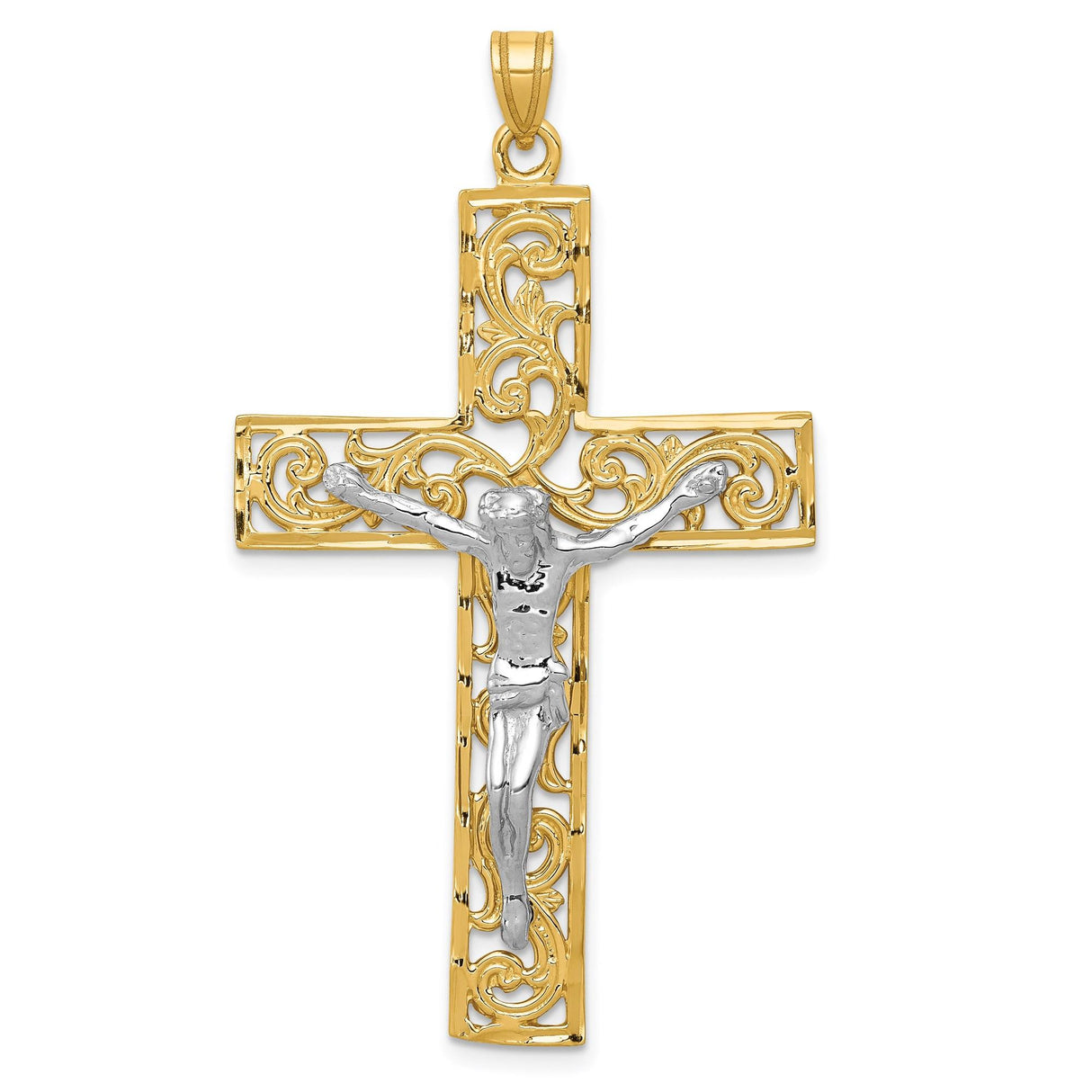 14k Multi-Tone Gold Crucifix Pendant with Filigree and Latin Cross Design