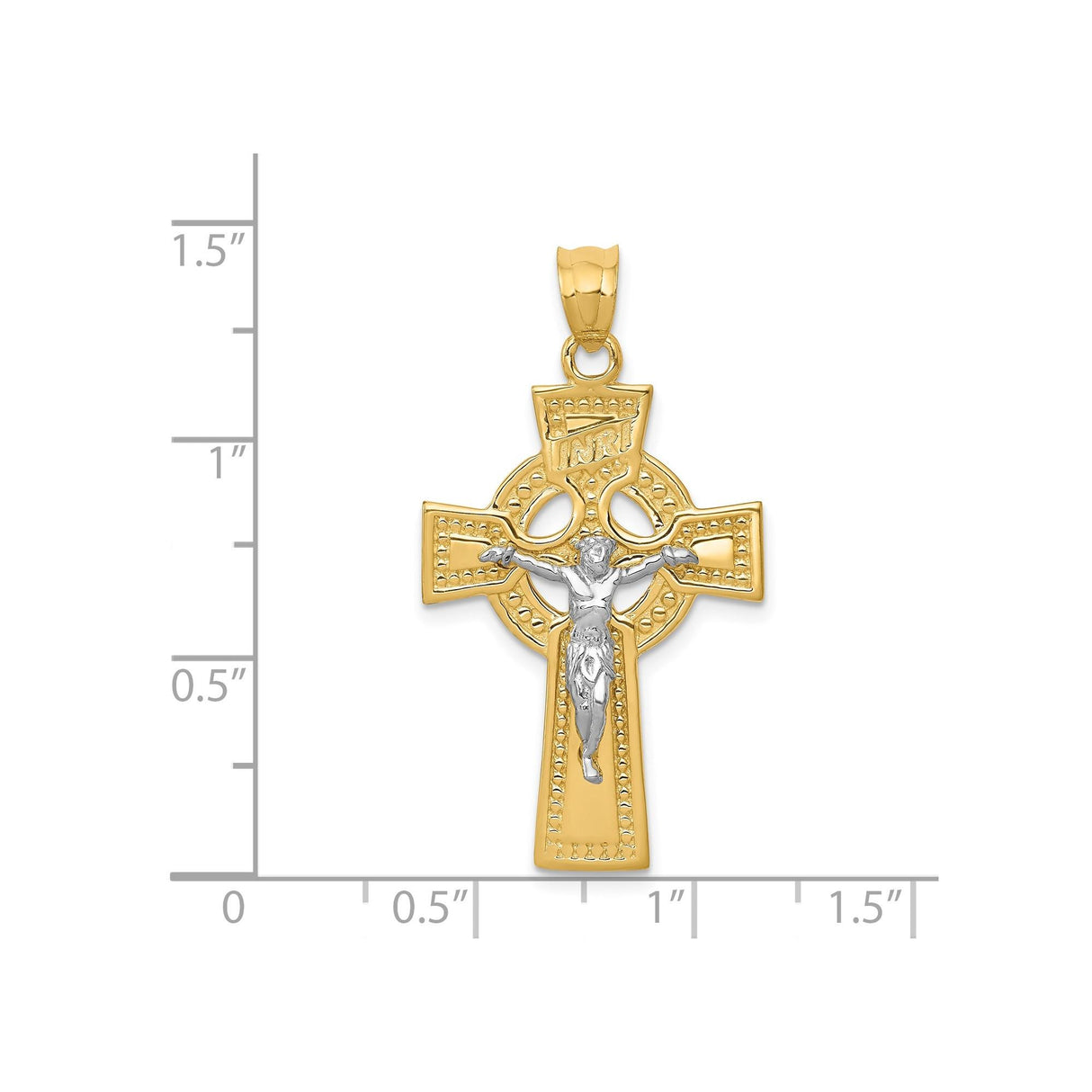 14k Multi-Tone Gold Crucifix Cross Pendant with Sculpted Jesus and INRI Celtic Design