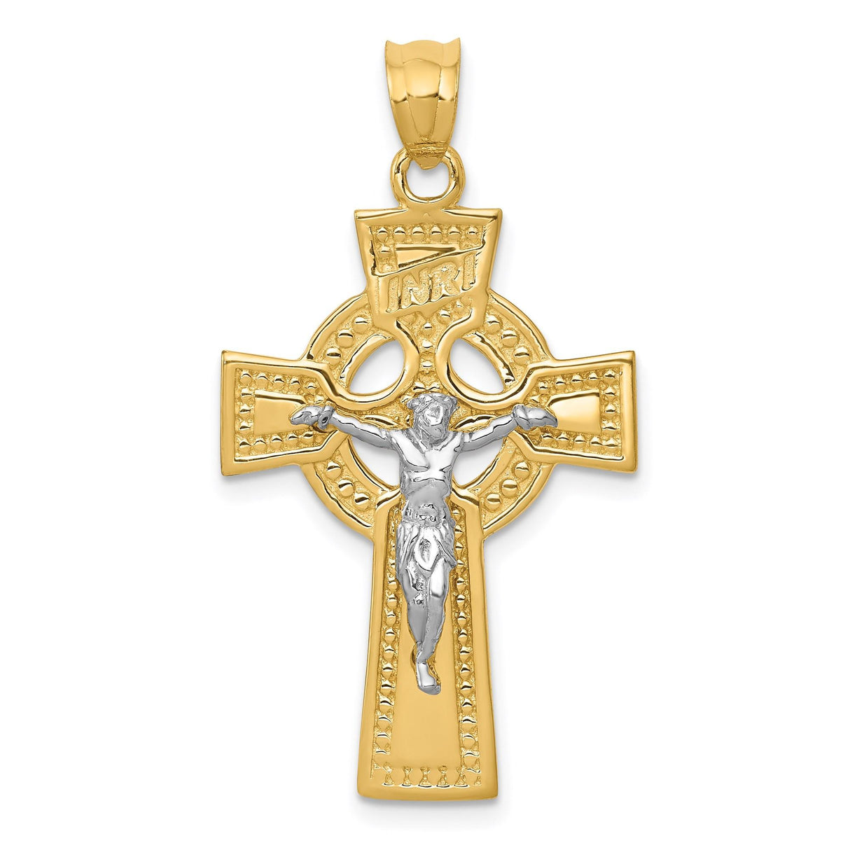 14k Multi-Tone Gold Crucifix Cross Pendant with Sculpted Jesus and INRI Celtic Design