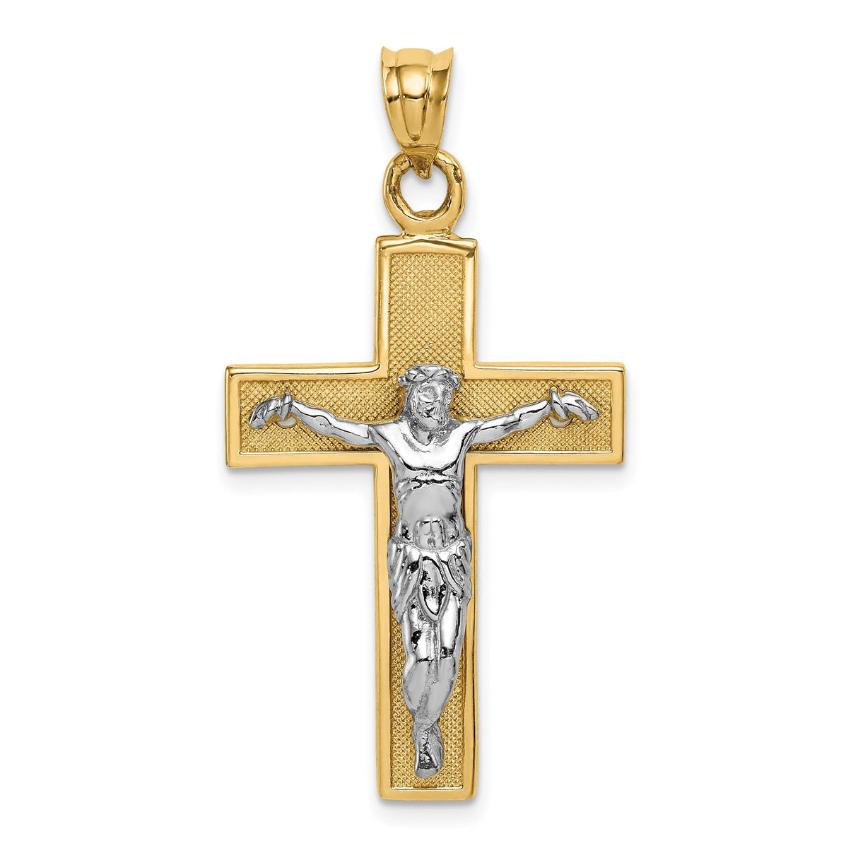 14k Multi-Tone Gold Crucifix Cross Pendant with Jesus Figure and Satin Finish