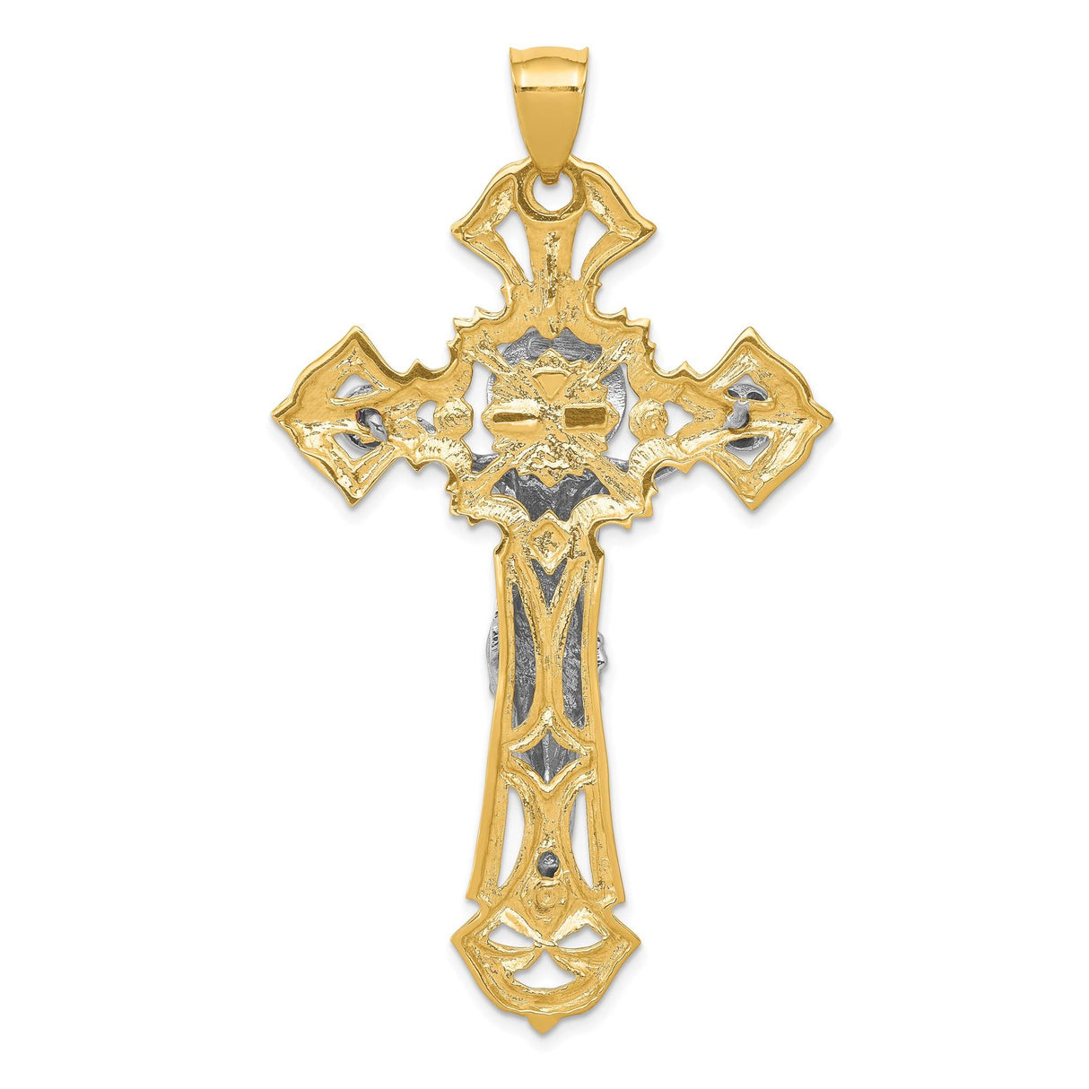 14k Multi-Tone Gold Crucifix Pendant with Cubic Zirconia, Ruby Red, Baroque Style