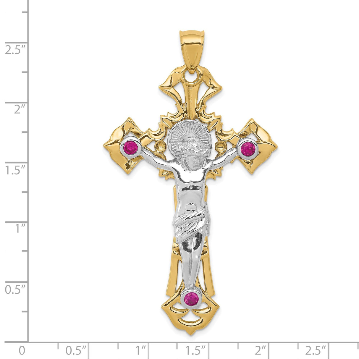 14k Multi-Tone Gold Crucifix Pendant with Cubic Zirconia, Ruby Red, Baroque Style