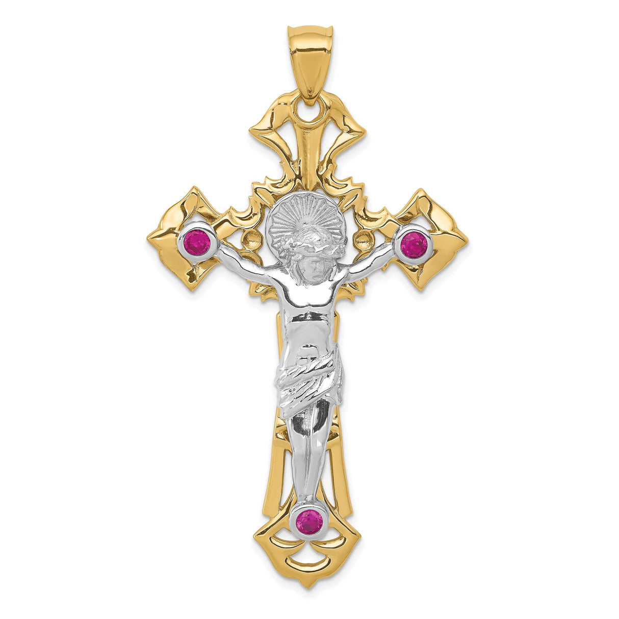 14k Multi-Tone Gold Crucifix Pendant with Cubic Zirconia, Ruby Red, Baroque Style