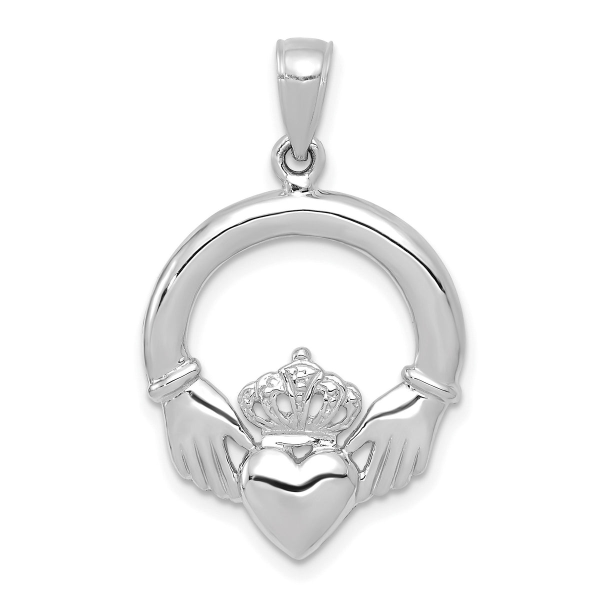 14k White Gold Claddagh Heart Pendant with Crown and Hands Symbolizing Love and Loyalty