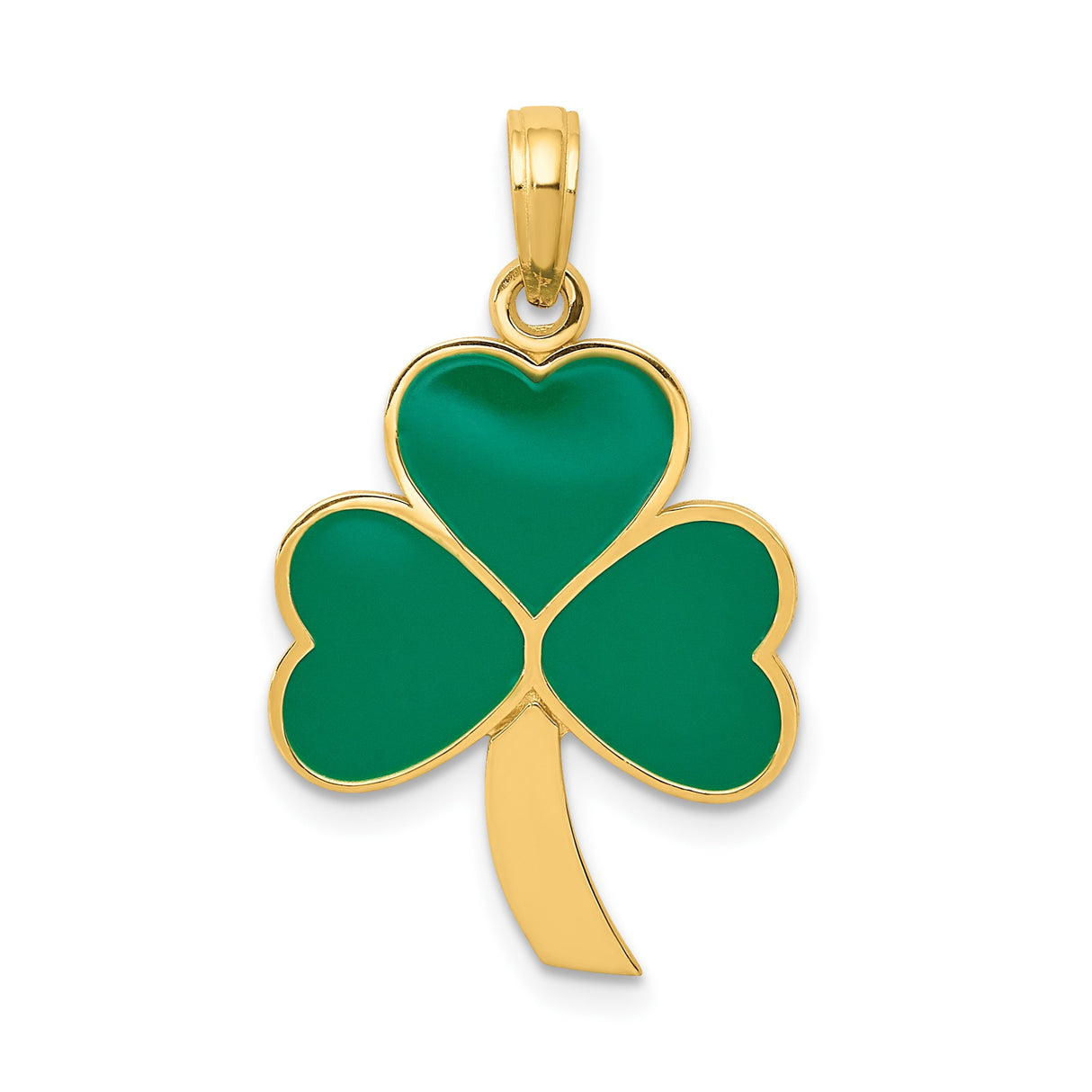 14k Yellow Gold Shamrock Pendant with Green Enamel Heart Leaves, Lucky Four-Leaf Clover Charm