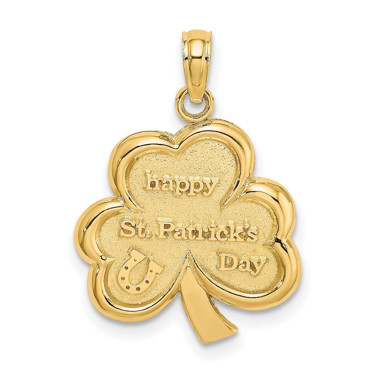14k Yellow Gold Shamrock Pendant with Lucky Horseshoe, Celtic Clover Design, St. Patricks Day Engraving