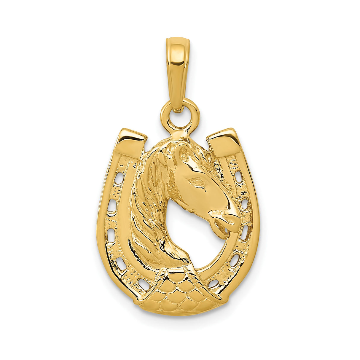 14k Yellow Gold Horse Head Pendant with Raised Horseshoe, Equestrian Western Style