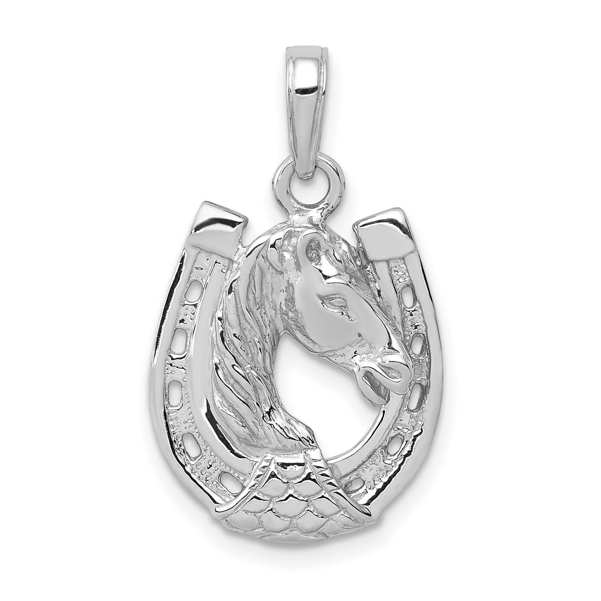 14k White Gold Horse Head Pendant with Textured Horseshoe, Western Equestrian Style