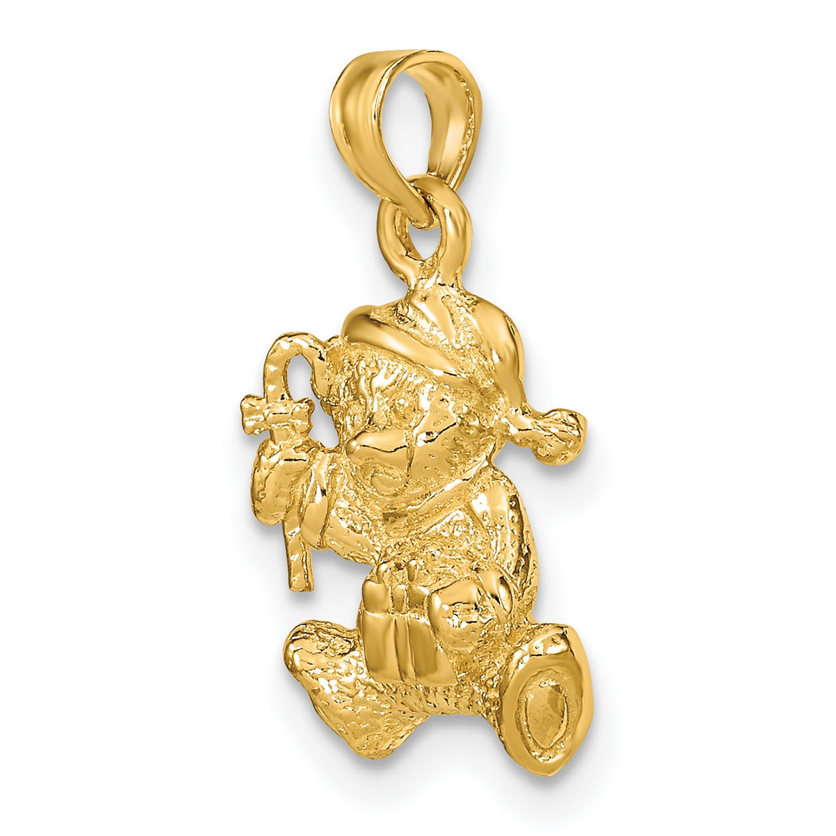 14k Yellow Gold Teddy Bear Christmas Pendant with Santa Hat and Present