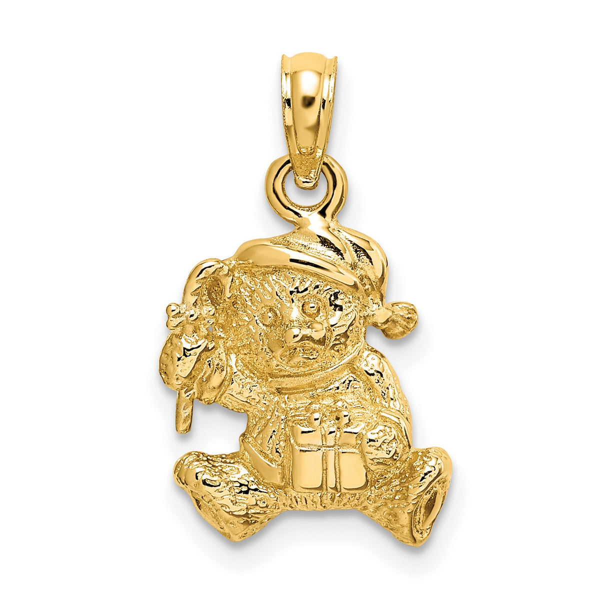 14k Yellow Gold Teddy Bear Christmas Pendant with Santa Hat and Present