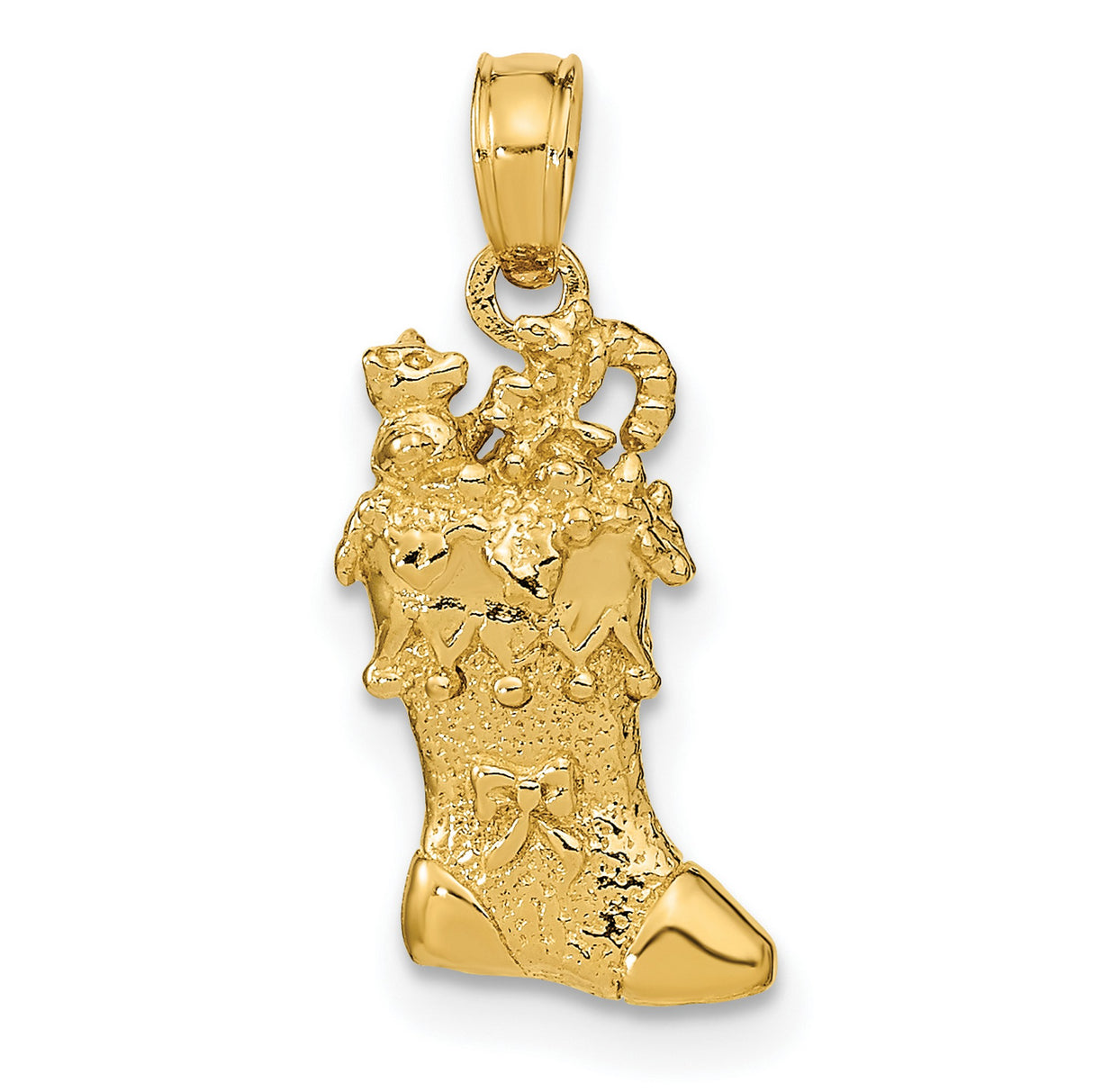 14k Yellow Gold Christmas Stocking Pendant with Toys, Stars, and Candy Cane