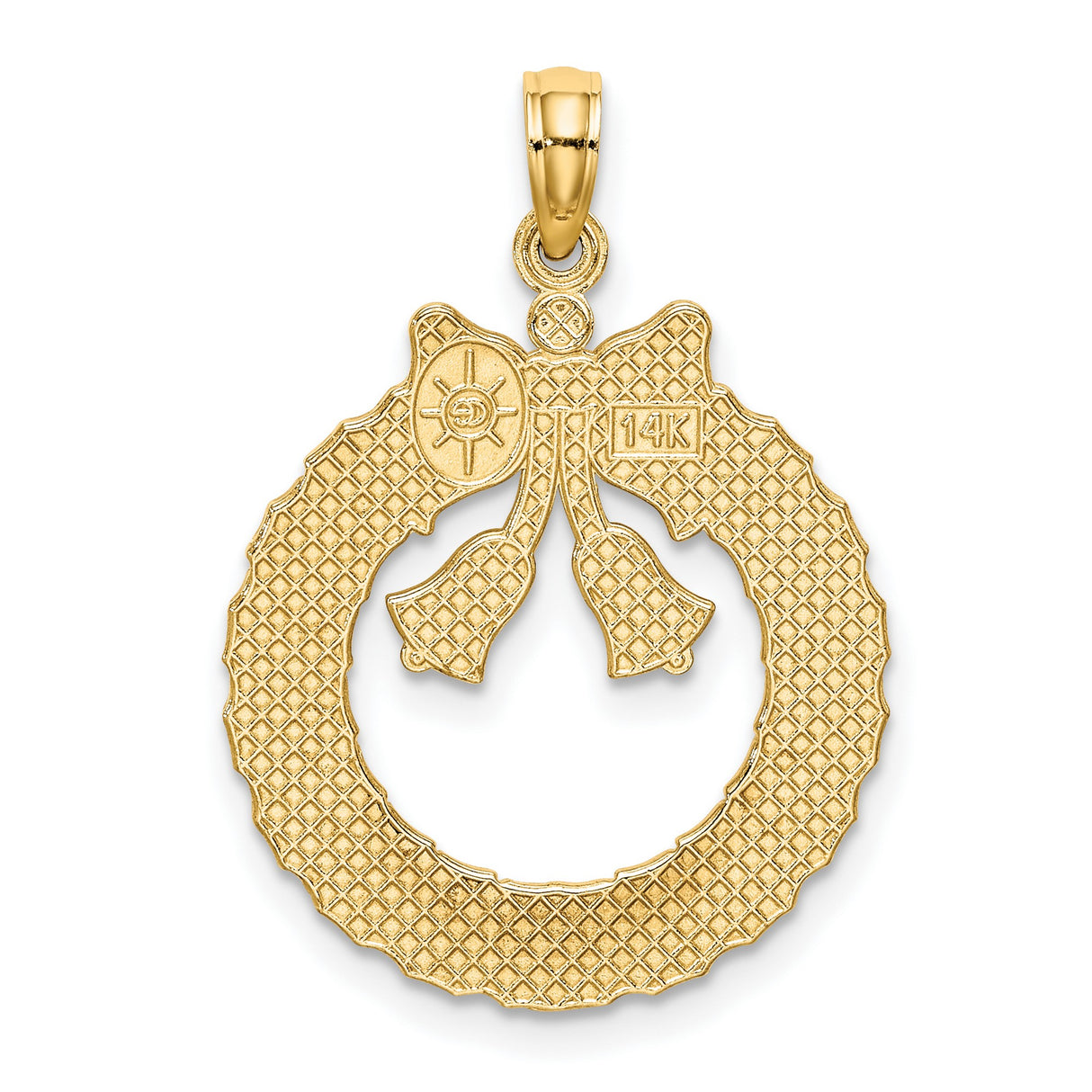 14k Yellow Gold Christmas Wreath Pendant with Holly Leaves, Bow and Bells, Satin Finish
