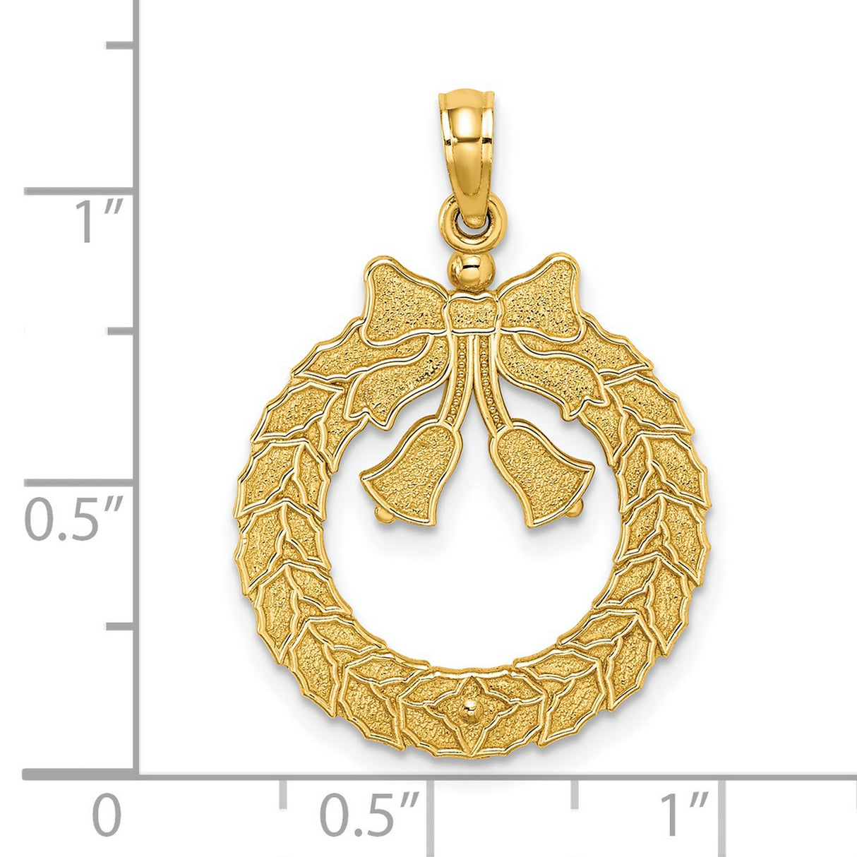 14k Yellow Gold Christmas Wreath Pendant with Holly Leaves, Bow and Bells, Satin Finish