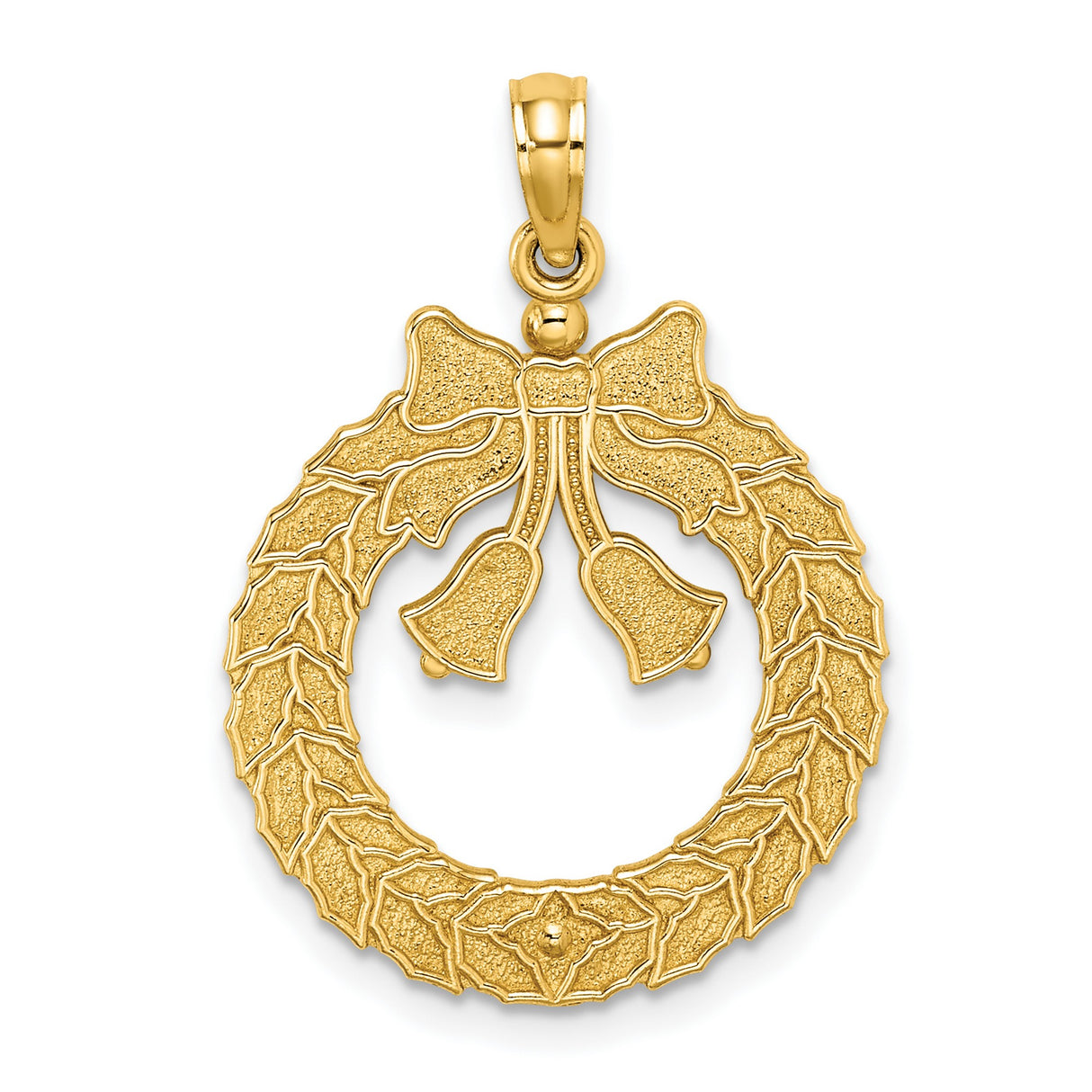 14k Yellow Gold Christmas Wreath Pendant with Holly Leaves, Bow and Bells, Satin Finish