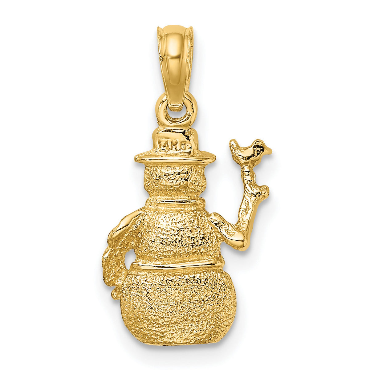 3-D Snowman with Bird in Satin Finish Charm Pendant in Real 14k Yellow Gold