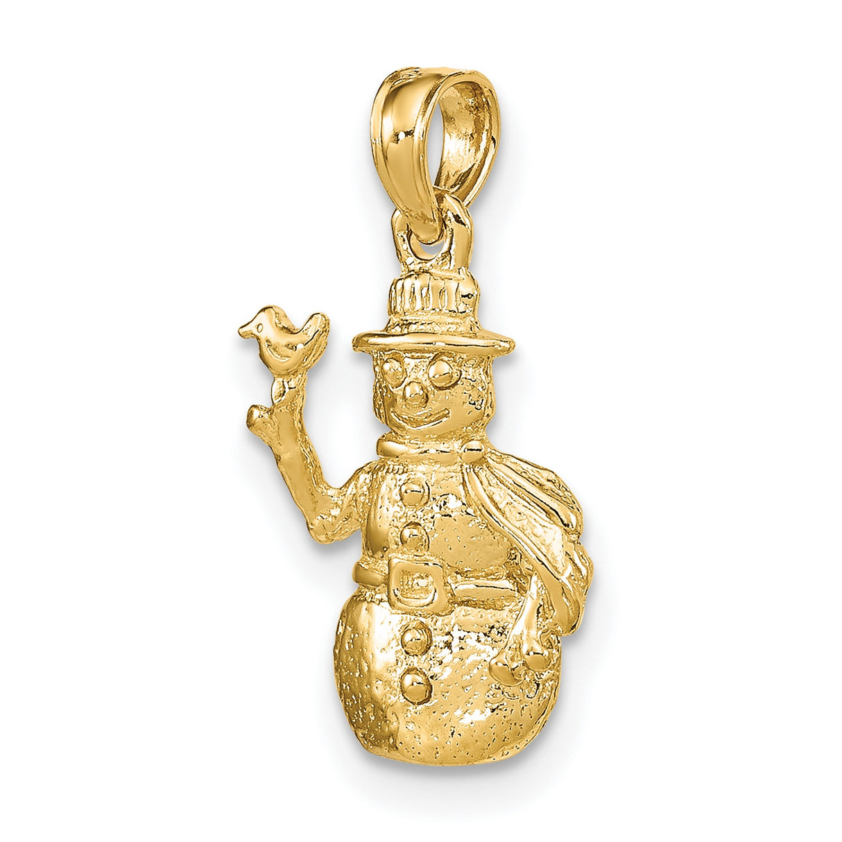 3-D Snowman with Bird in Satin Finish Charm Pendant in Real 14k Yellow Gold