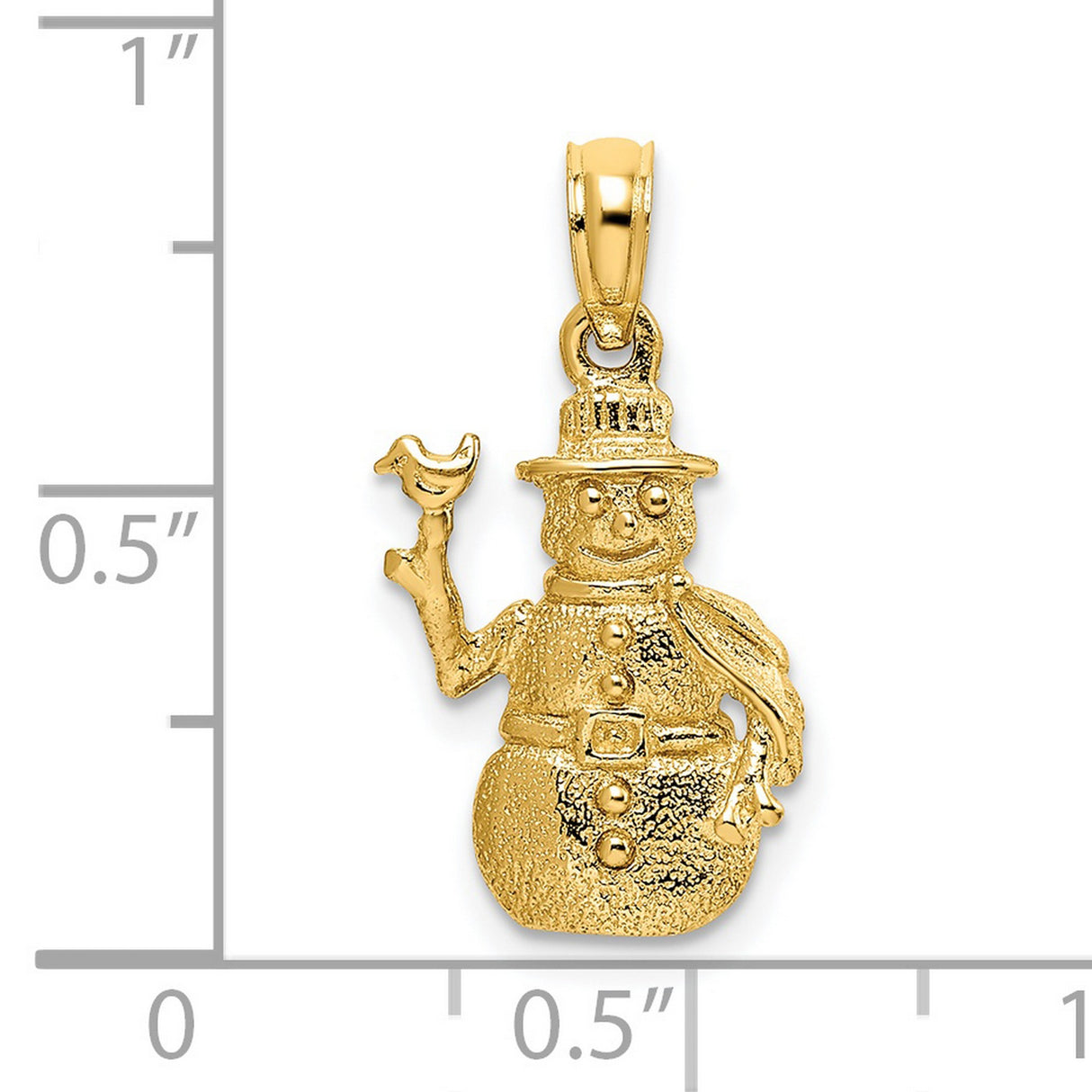 3-D Snowman with Bird in Satin Finish Charm Pendant in Real 14k Yellow Gold