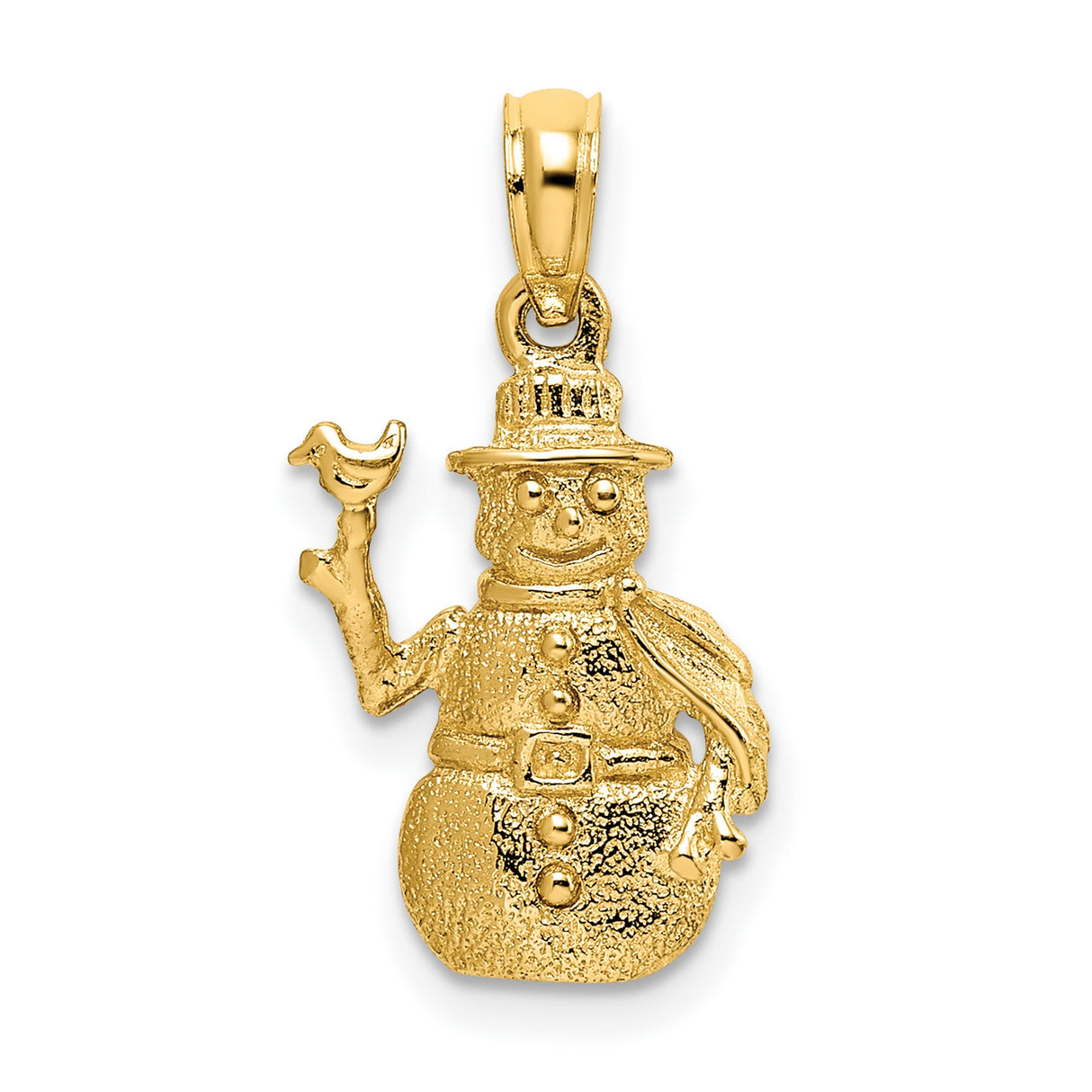 3-D Snowman with Bird in Satin Finish Charm Pendant in Real 14k Yellow Gold