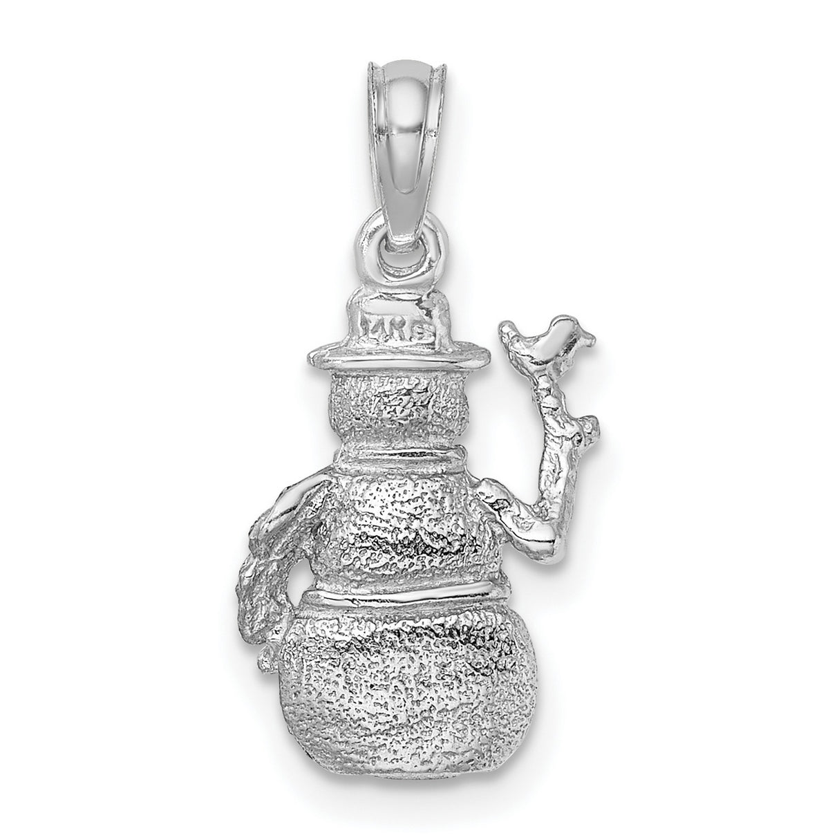 14k White Gold Snowman Pendant with Bird, Satin Finish, Scarf and Hat Detail, Holiday Charm