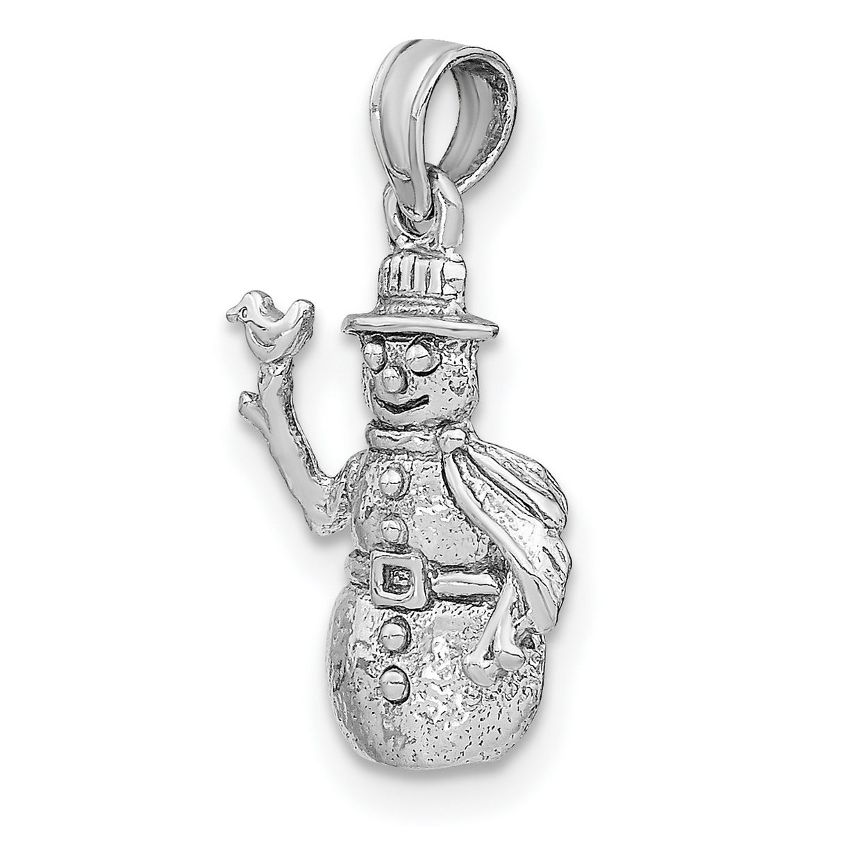 14k White Gold Snowman Pendant with Bird, Satin Finish, Scarf and Hat Detail, Holiday Charm