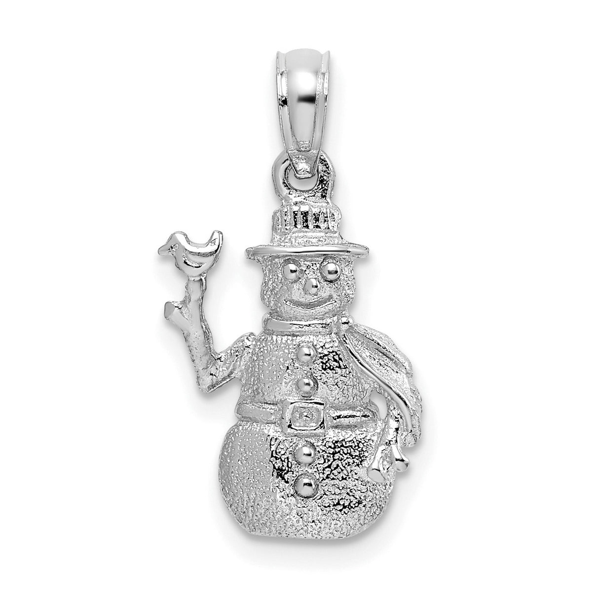 14k White Gold Snowman Pendant with Bird, Satin Finish, Scarf and Hat Detail, Holiday Charm