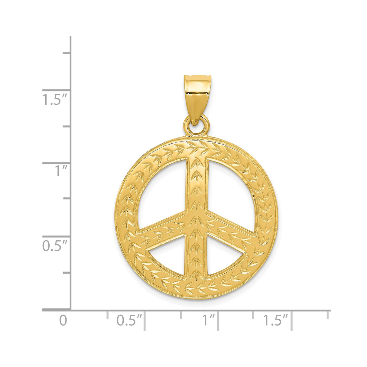 14k Yellow Gold Peace Sign Pendant with Laurel Leaf Detail, Unisex Boho Style